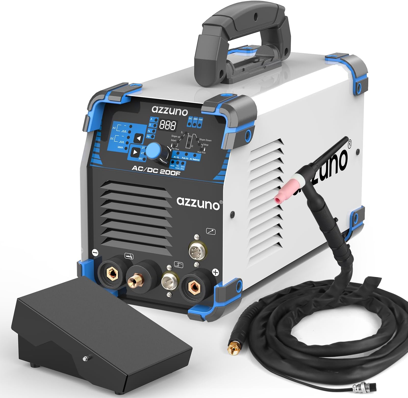 AZZUNO AC/DC TIG Welder with Pulse &5-Pin Foot Pedal, 200Amp 110V/220V Aluminum TIG Welding Machine, ACDC TIG/PULSE TIG/SPOT TIG/Stick Welder Machine