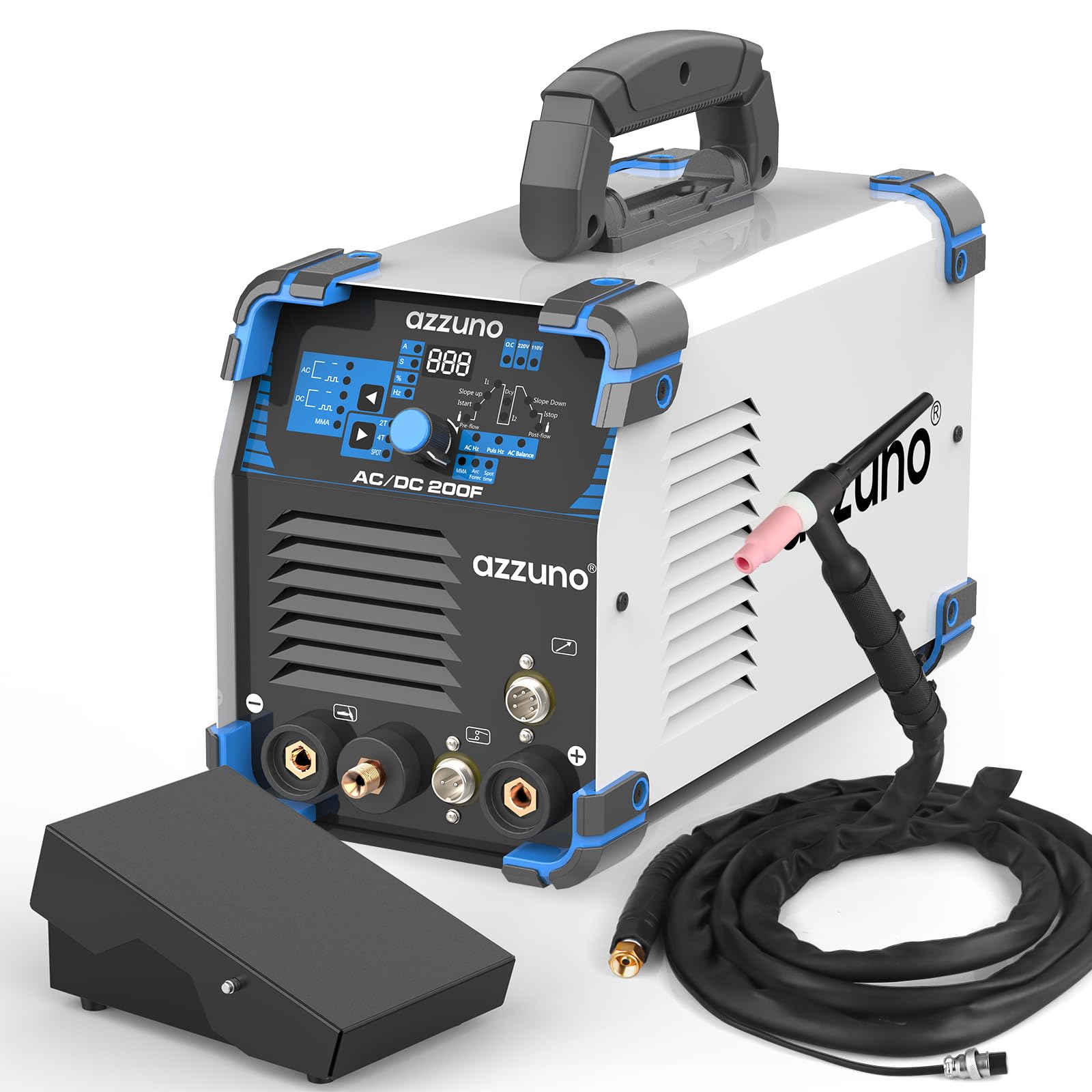 AZZUNO AC/DC TIG Welder with Pulse &5-Pin Foot Pedal, 200Amp 110V/220V Aluminum TIG Welding Machine, ACDC TIG/PULSE TIG/SPOT TIG/Stick Welder Machine