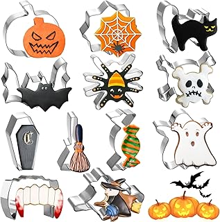 Halloween Cookie Cutters, 12 pieces Cookie Cutters Shape Set Stainless Steel Biscuit Cutters Mold with Pumpkin, Cat, Ghos...