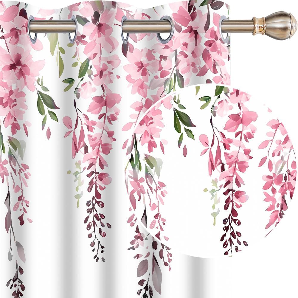 Pink Watercolor Floral Curtains, Botanical Leaves Vine Flowers Curtain, Rustic Farmhouse Flower Leaf Blackout Window Treatment Drapes for Bedroom Living Room 42x63 inch, 2 Panels