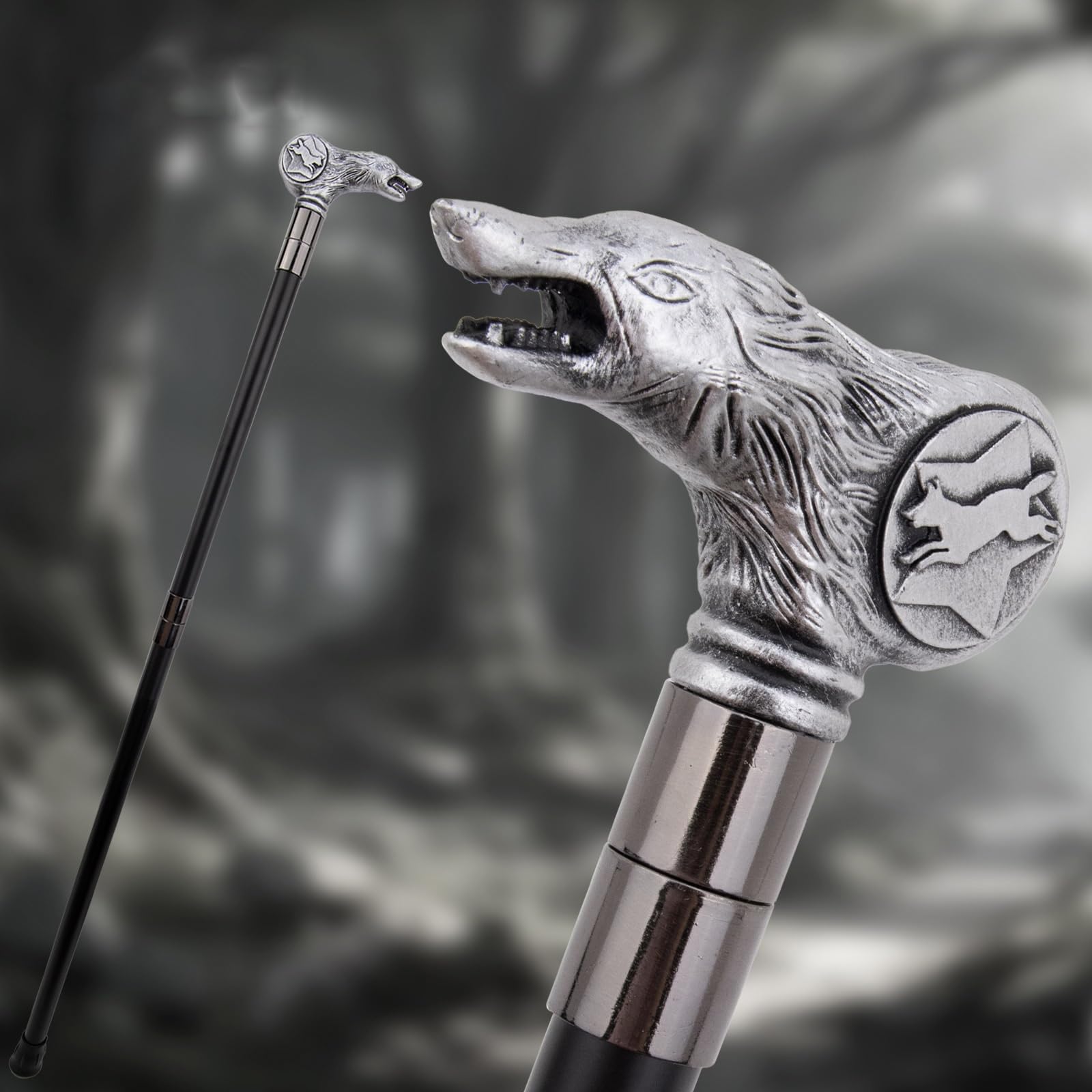 Bastone da Passeggio Decorativo Alla Moda con Impugnatura a Testa di Lupo | Pieghevole, impugnatura confortevole, impugnatura ergonomica, durevole, leggero, puntale in gomma antiscivolo, argento
