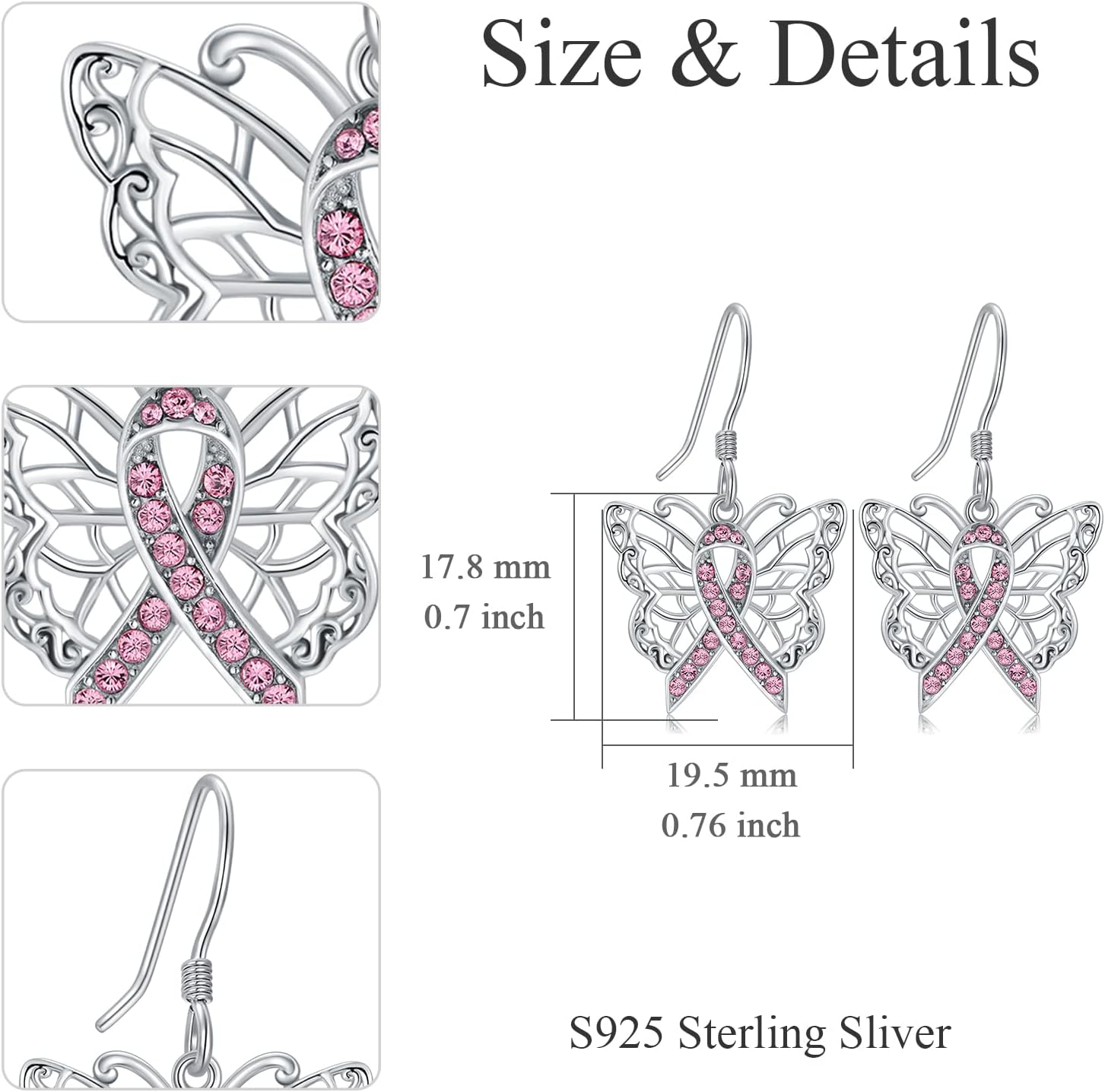 AOBOCO 925 Sterling Silver Butterfly/Dragonfly Breast Cancer Awareness Pink Ribbon Dangle Drop Earrings Breast Cancer Survivor Gifts for Women