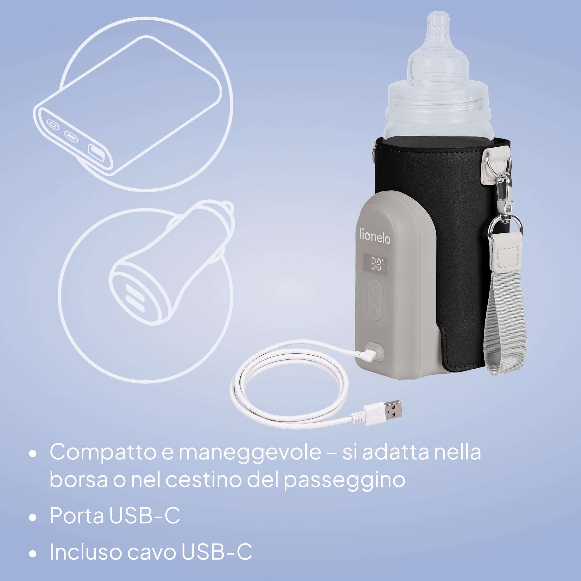 LIONELO Thermup Go Evo Scaldalatte Portatile per Biberon | Mantiene Caldi i Liquidi, 5 Temperature da 38 a 50°C, Ricarica USB-C e Autonomia fino a 9 Ore