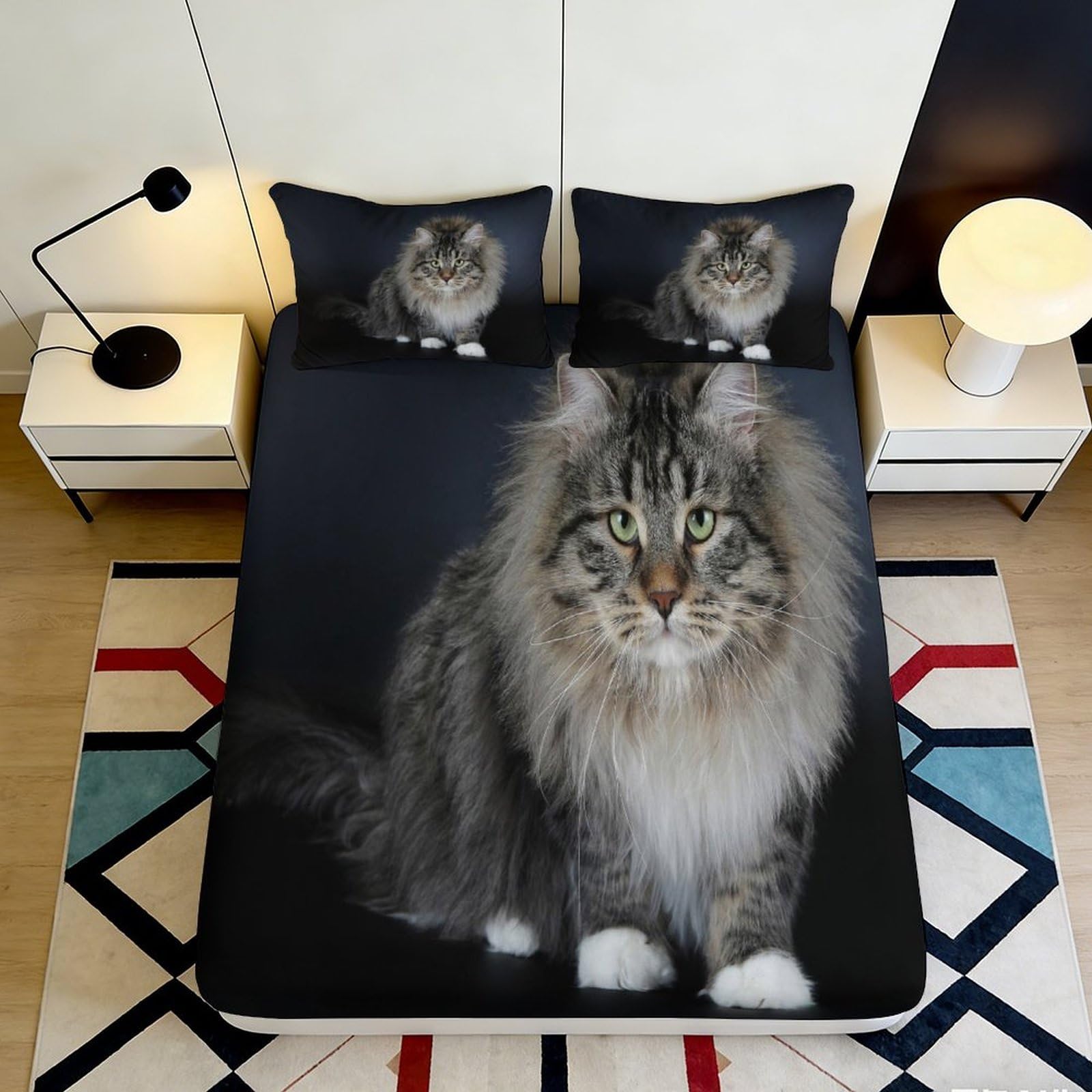 3D Printed Realistic Cat Fitted Sheet Microfiber Soft Breathable Animal Portrait Bed Cover for Bedroom Youth Dorm Decor 90x200x25cm