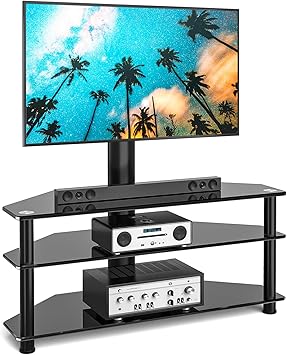 Rfiver Corner Swivel Glass TV Stand with Mount for 32-70 Inch Screen TV up to 110lbs, Height Adjustable Corner TV Stand with Mount, Entertainment Center with TV Mount and 3-Tier Storage for AV Media