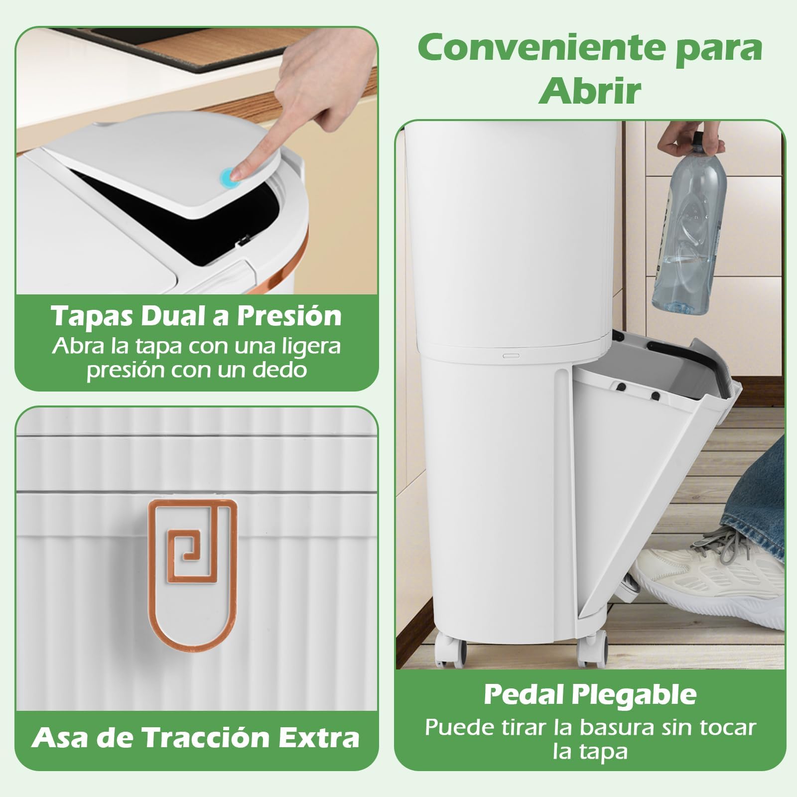 COSTWAY Cubo de Basura Cocina 38L (12+12+14L), Cubo de Basura de Reciclaje con 3 Compartimentos, 2 Cubos Extraíbles, Pedal y Ruedas, Papelera de Reciclaje con 2 Tapas Separadas, 43x29x75 cm (Blanco)