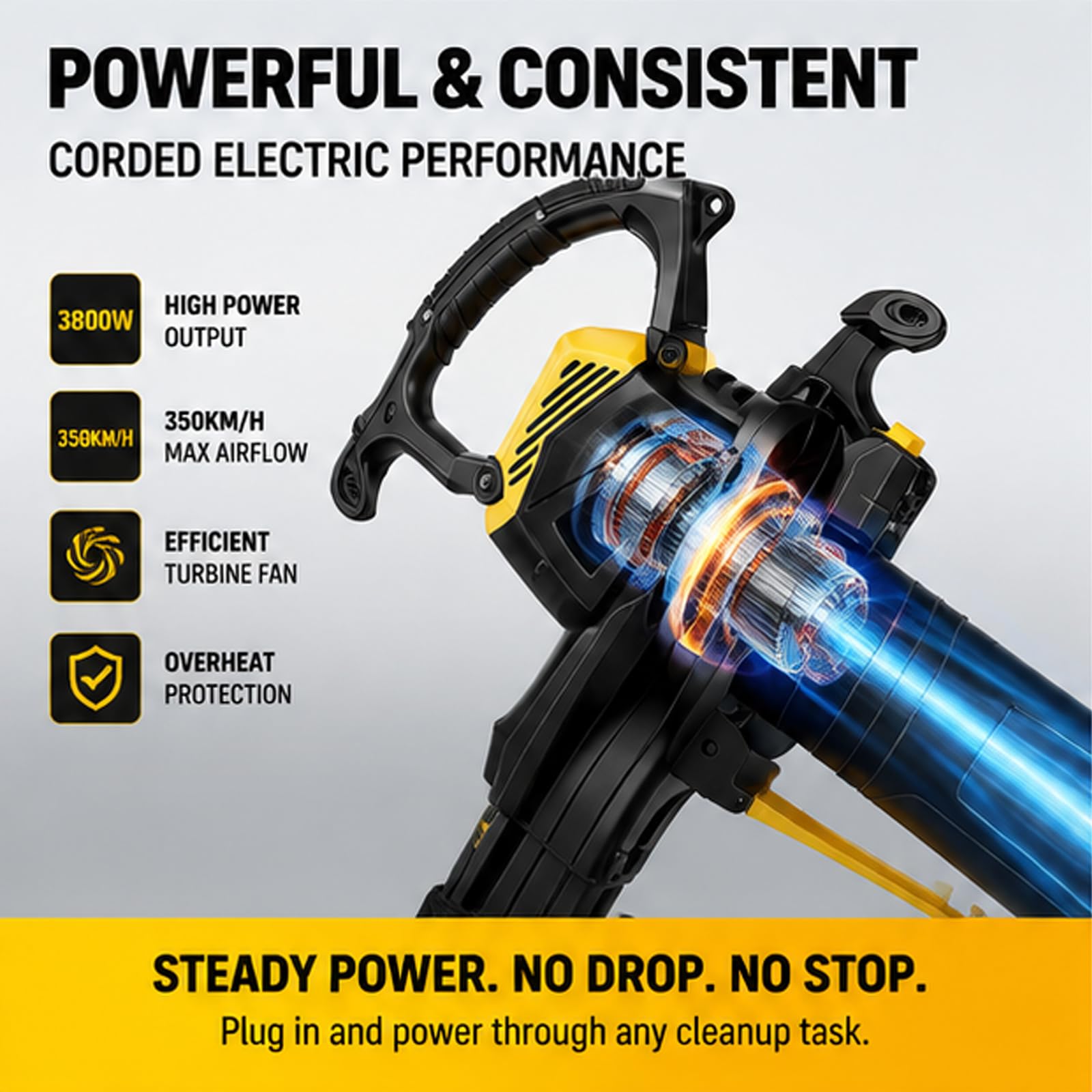 Soplador/Aspirador de Hojas eléctrico de 3800 W, Bolsa de Recogida de 40 L
