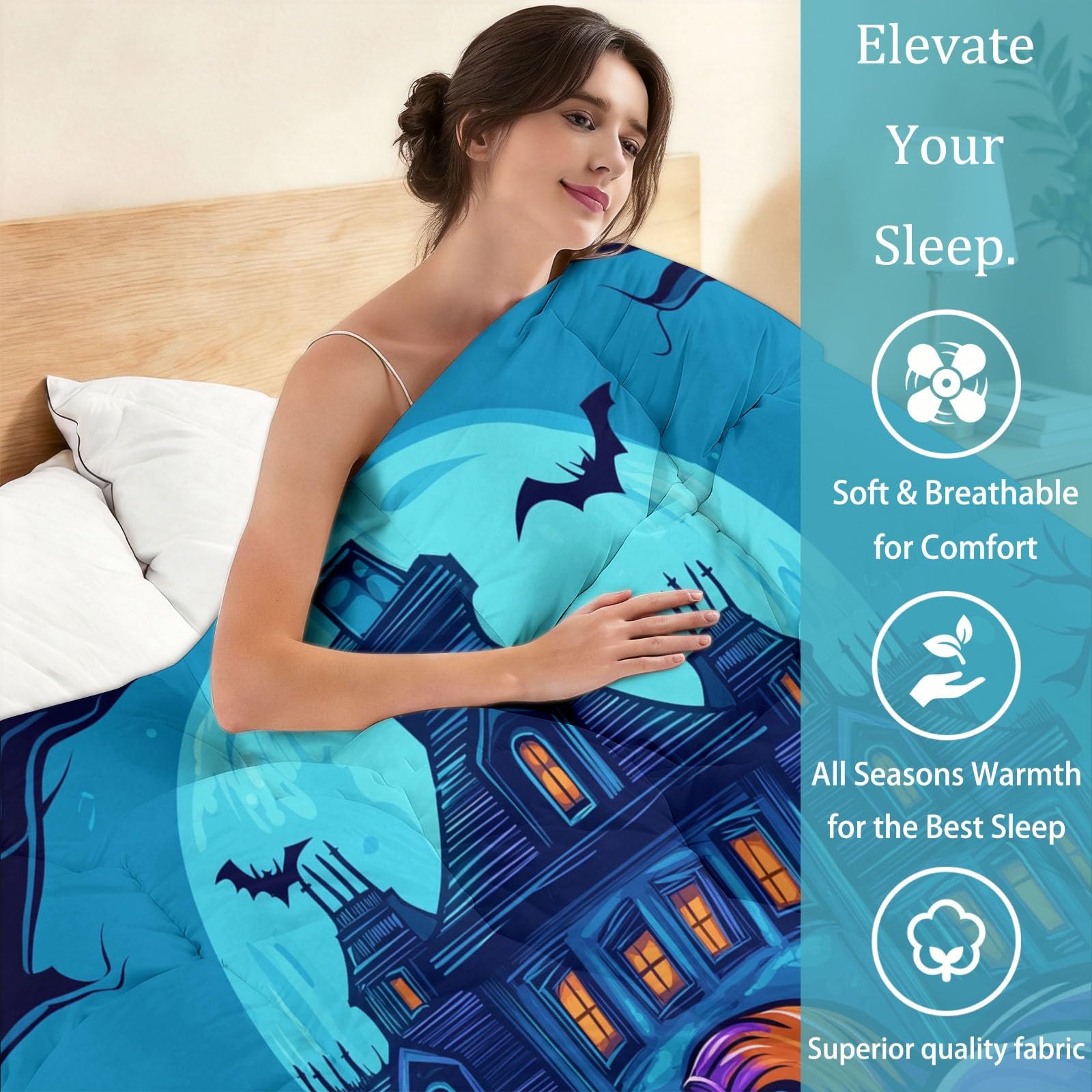 Piumino stampato, 200 x 200 cm, senza copripiumino, motivo zucche viola, case infestate, 4 stagioni, lavabile, morbido e caldo, trapuntino reversibile, motivo per letto matrimoniale e coppia, blu