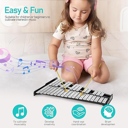 Miniatura 2 de Kit de percusión de xilófono Glockenspiel de 32 notas con soporte ajustable en altura, baquetas y bolsa de transporte