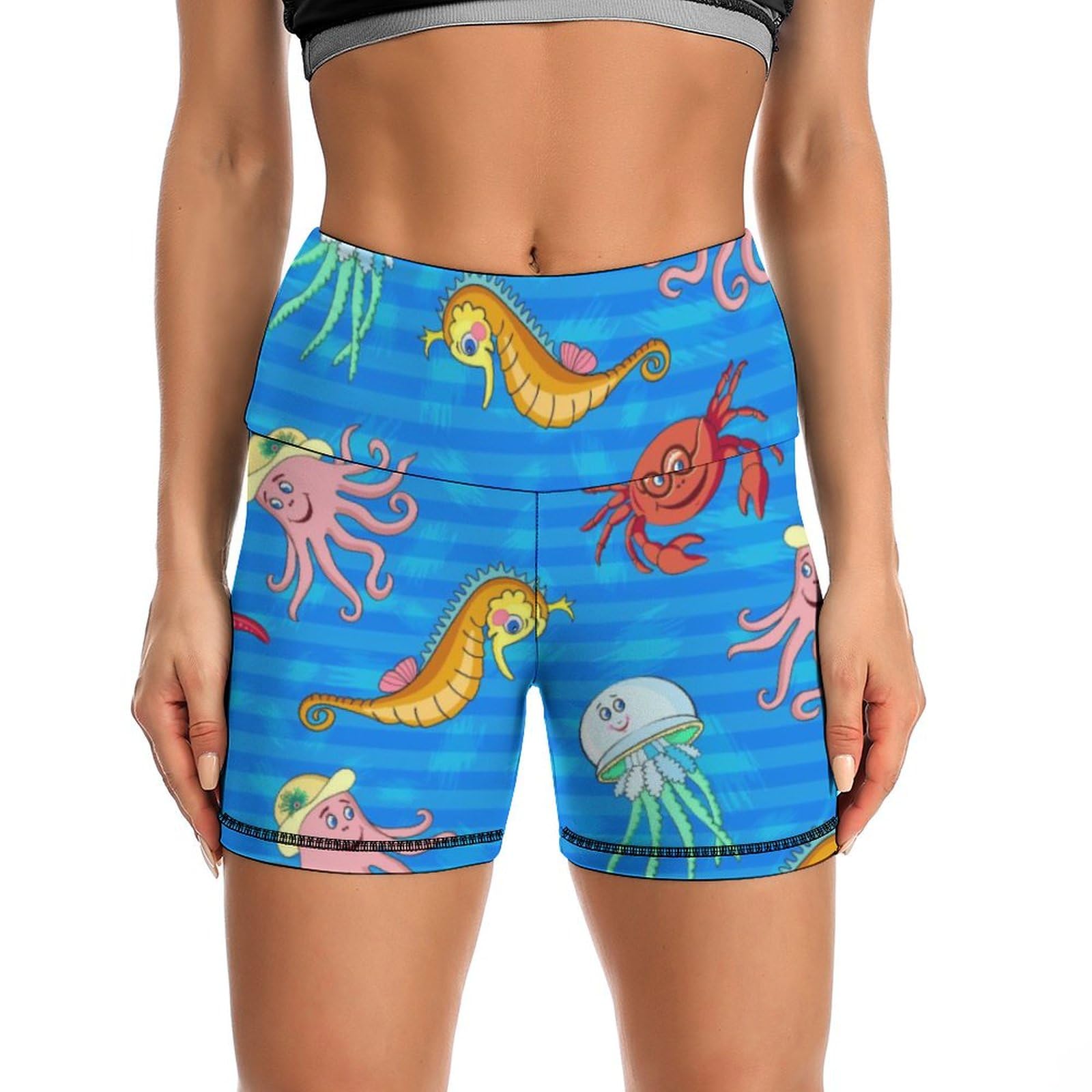 Seahorse Sea Animals World Pattern High Waist Yoga Shorts for Women Athletic Shorts Leggings Running Pants Black