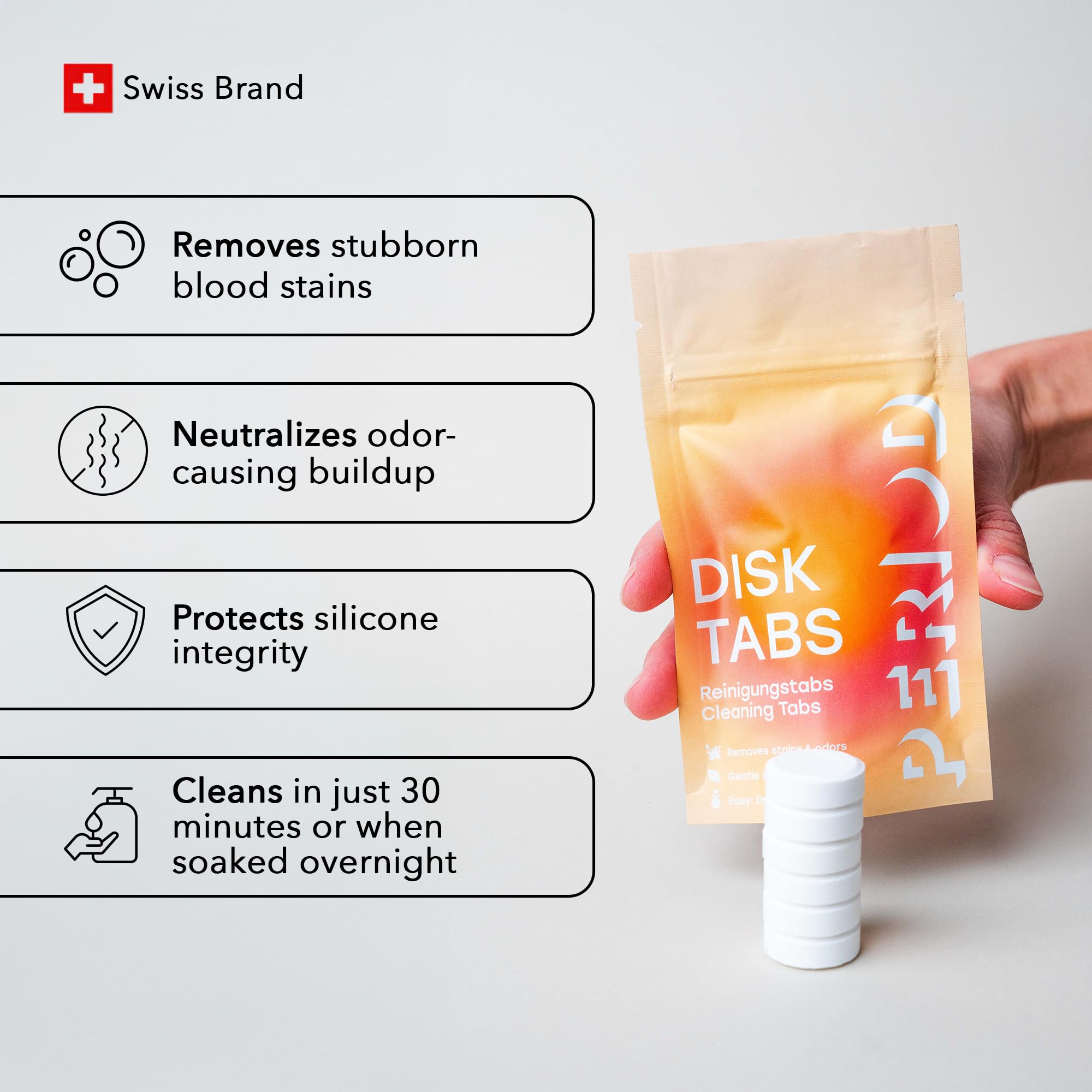 PERIOD Disk Tabs – Pulizia naturale per tazze mestruali e dischi mestruali – Rimuove macchie e odori ostinati senza danneggiare dischi e tazze – 6 mesi scorte
