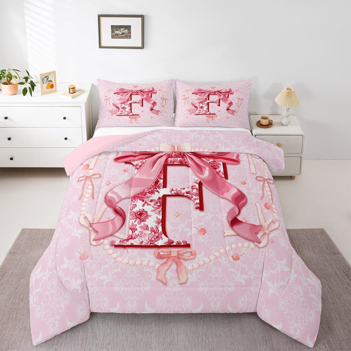 Erosebridal 3D Initial Letter F Full Size Comforter Sets with Unique Bow Design Coquette Pink Bow Bedding for Mom/Sister Aesthetic Bowknot Cute Preppy Duvet Insert Flower Floral Monogram Bed Set (F) - Image 2