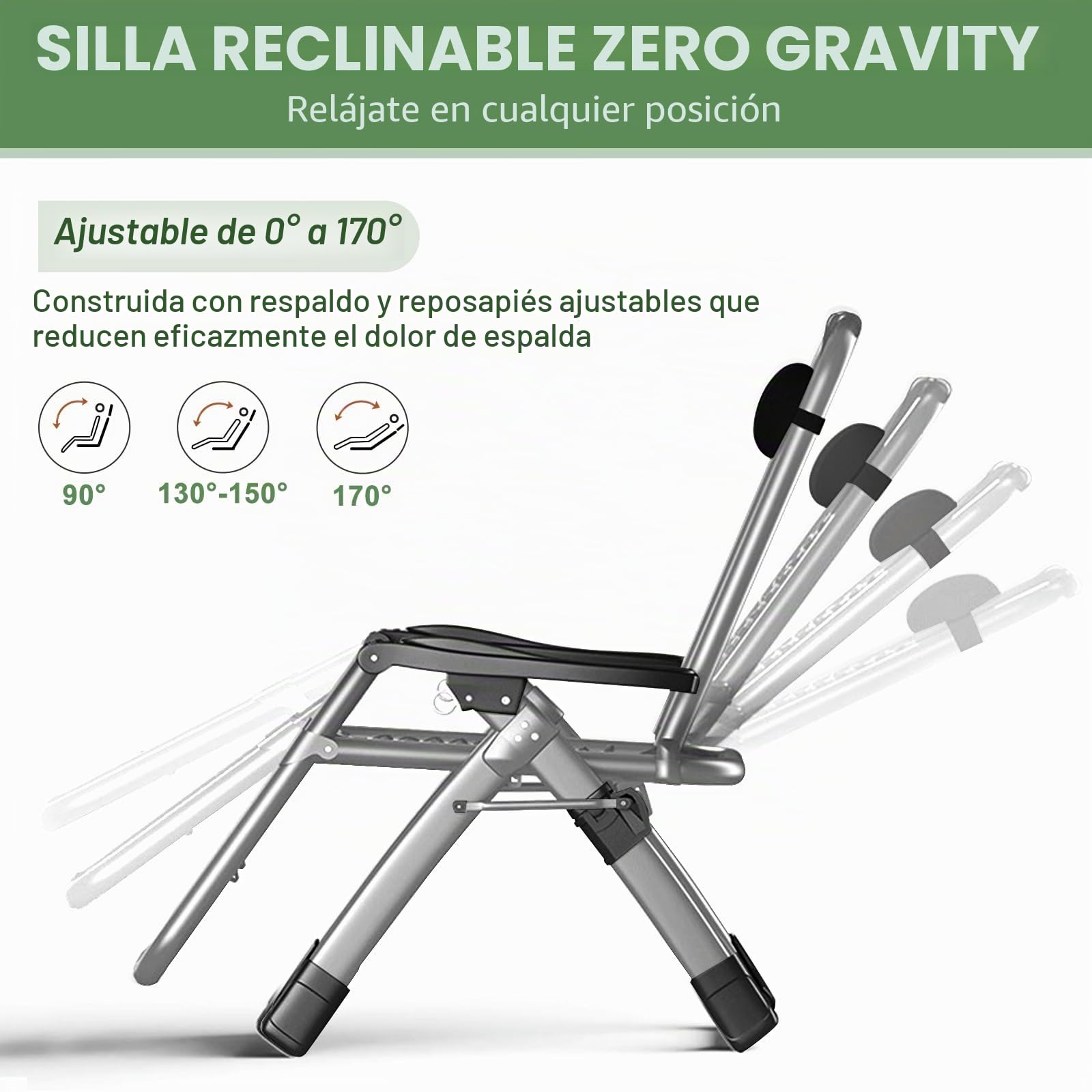 Tumbona Ryuhic para jardín, silla de gravedad cero ajustable, resistente con cojín y reposacabezas, bolsillo, soporta 200 kg, sillas reclinables plegables