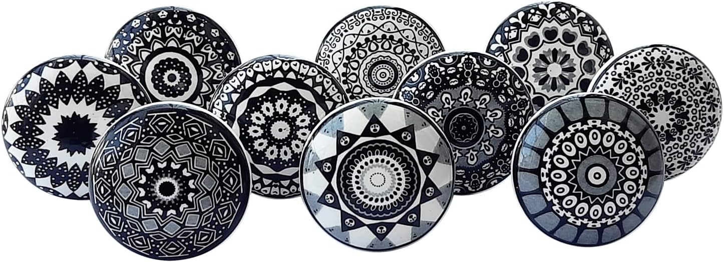 Vintage Black Printed Ceramic Knobs for Kitchen Cabinets, Doors, Drawers, Wardrobe, Closet, 10 Designs x 2 Pieces, 20 Knobs, Sknob015_20