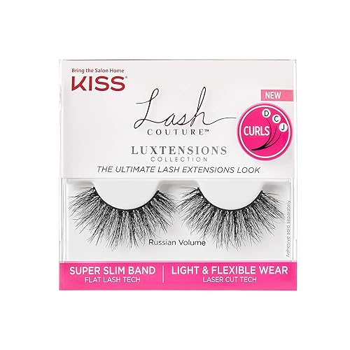 KISS Lash Couture LuXtensions Collection False Eyelashes, Flat Lash Technology, Super Slim Lash Band, Real Lash Extension Fibers, Reusable, Style ‘Russian Volume', 16mm, 1 Pair Strip Lashes - Russian Volume