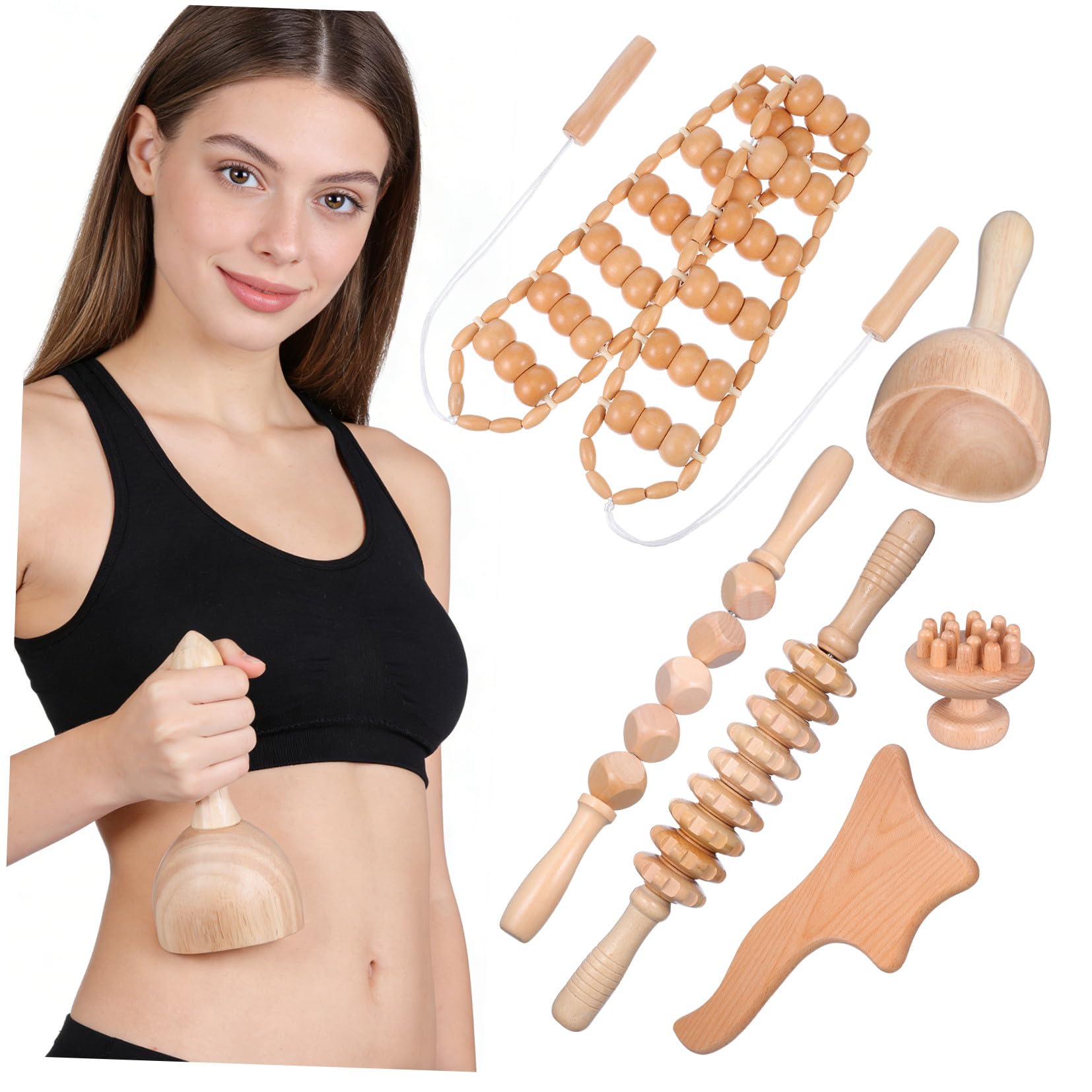 Kit para Maderoterapia de 6 Piezas, Rodillo de Madera y Rodillo Masajeador Anticelulitis para Espalda, Relaja, Alivia Fatiga y Favorece la Circulación
