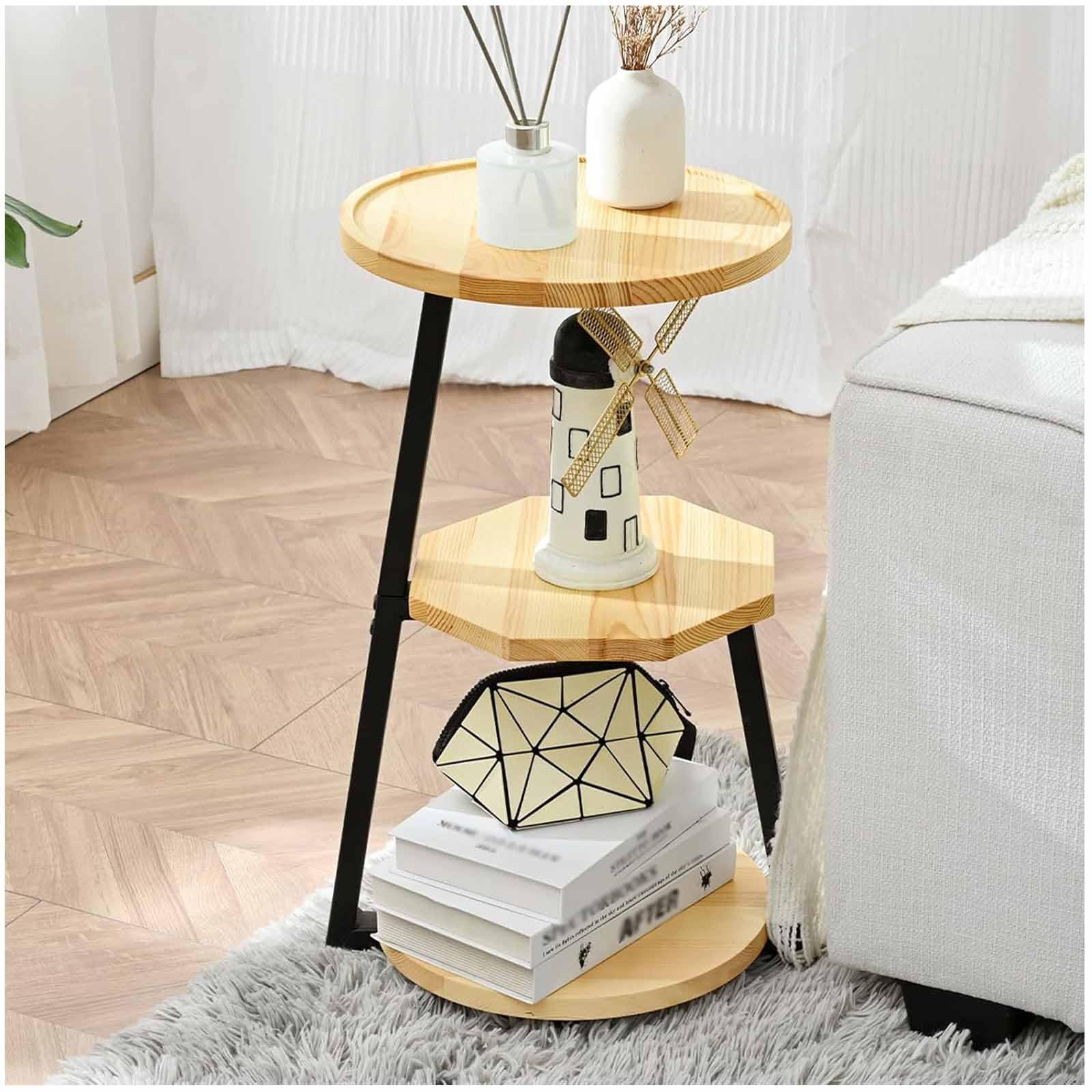 SXZenSpace Small Round Side Table End with Solid Wood Tray Top Metal Frame, 3-Tier Accent Couch Beside Table, Nightstand for Bedroom Living Room,wood