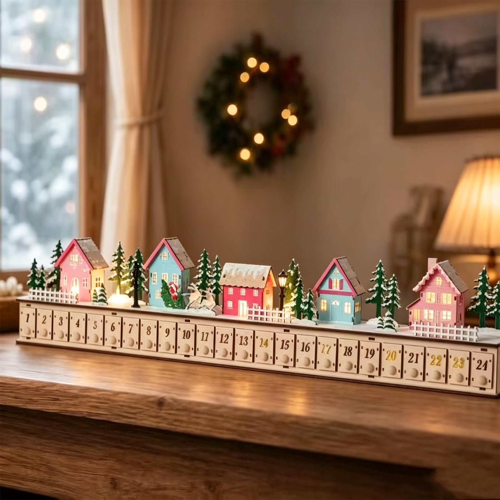 Calendario dell'Avvento in legno con villaggio di Natale luminoso, a batteria, decorazione natalizia con 24 cassetti riempibili, decorazione per conto alla rovescia per 24 giorni, decorazione