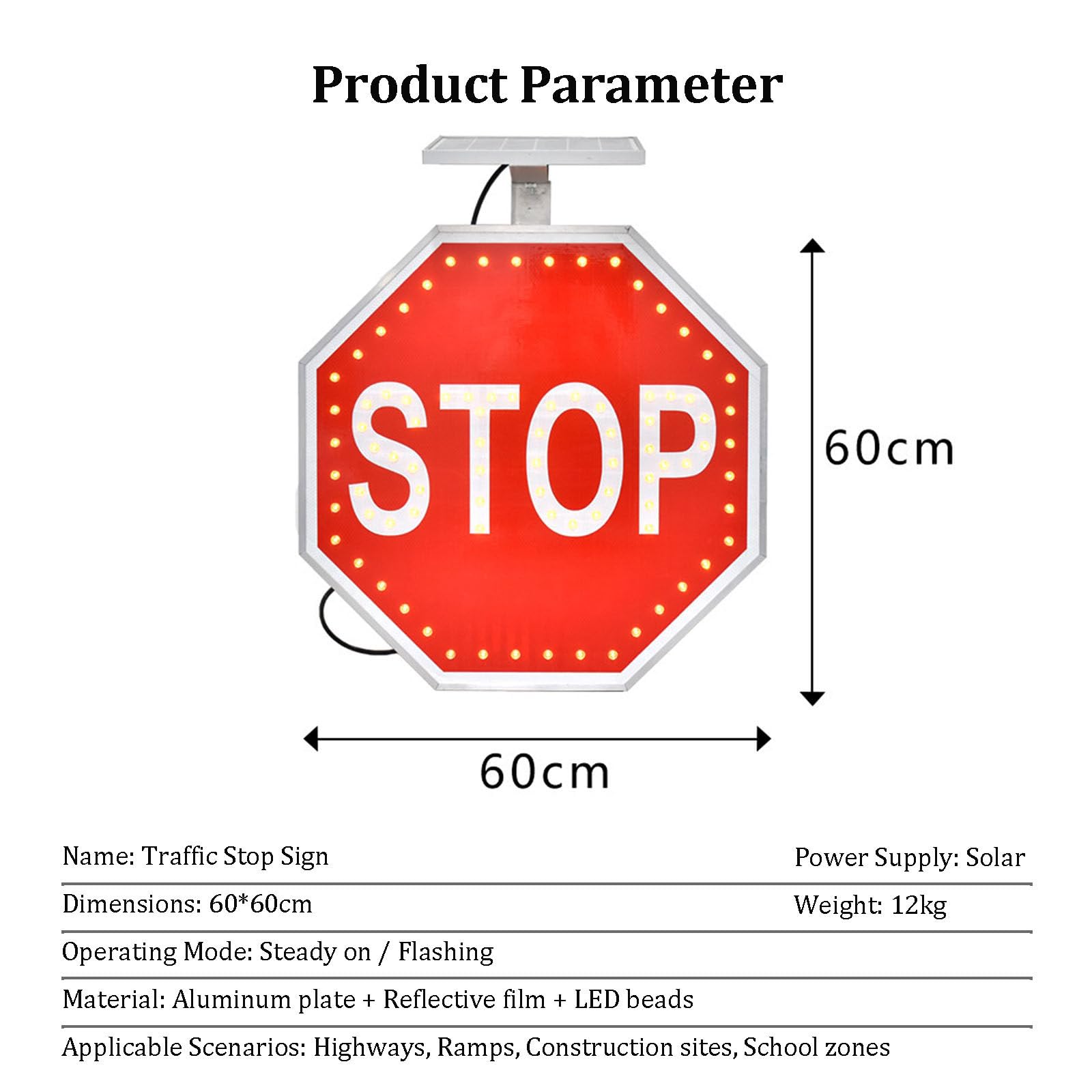 Señal de Stop con Energía Solar y LED Parpadeantes - Luz de Advertencia 24/7, Señal Exterior de 60×60cm, Sensor Automático de Anochecer/Amanecer para Intersecciones y Campus