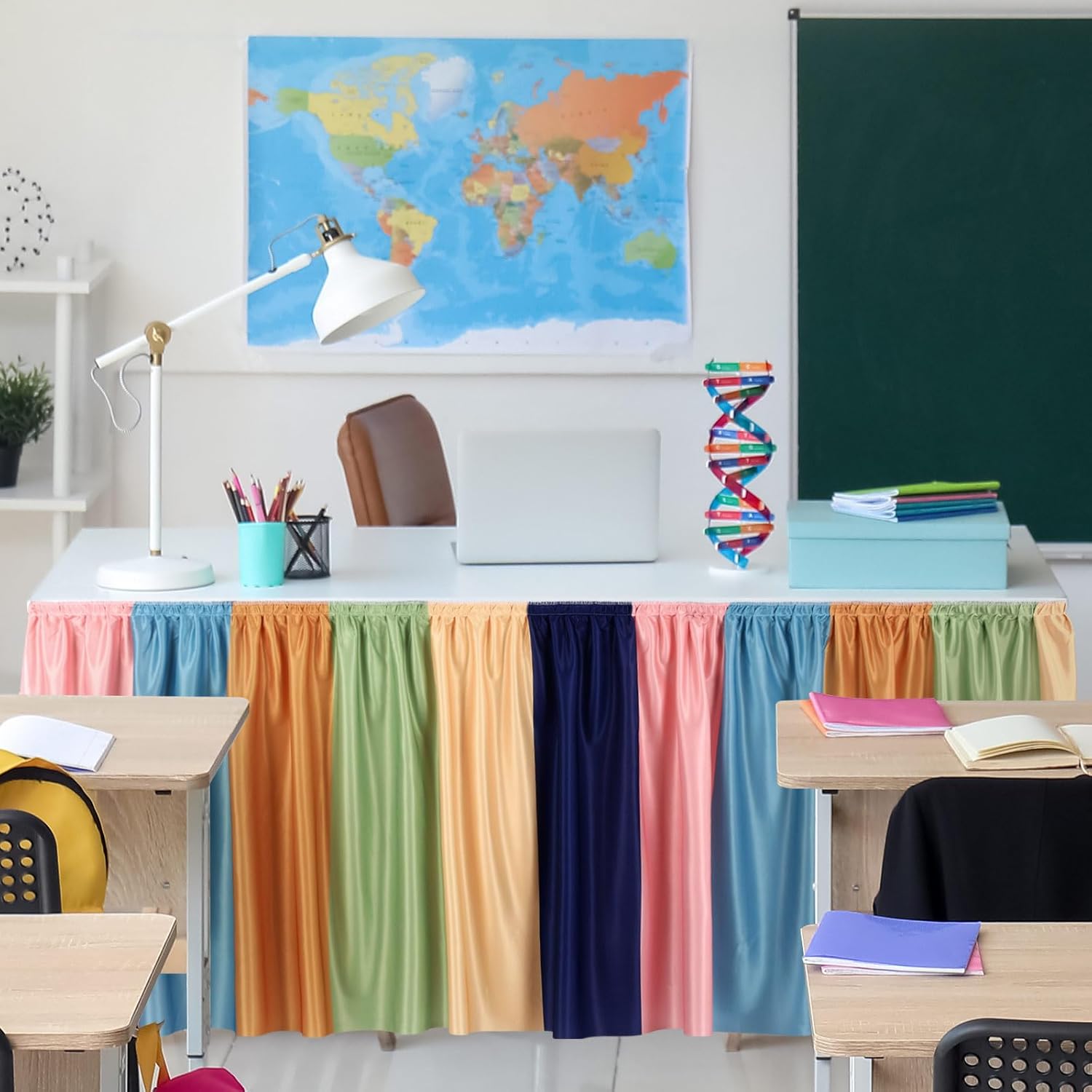 Oudain Boho Table Skirt for Teacher Desk 29.5 inch x 13.8 ft Boho Colorful Wrinkle Table Cover Skirt Bohemia Birthday Party Decorations for Classroom Kidney Shaped Desk Back to School Supplie