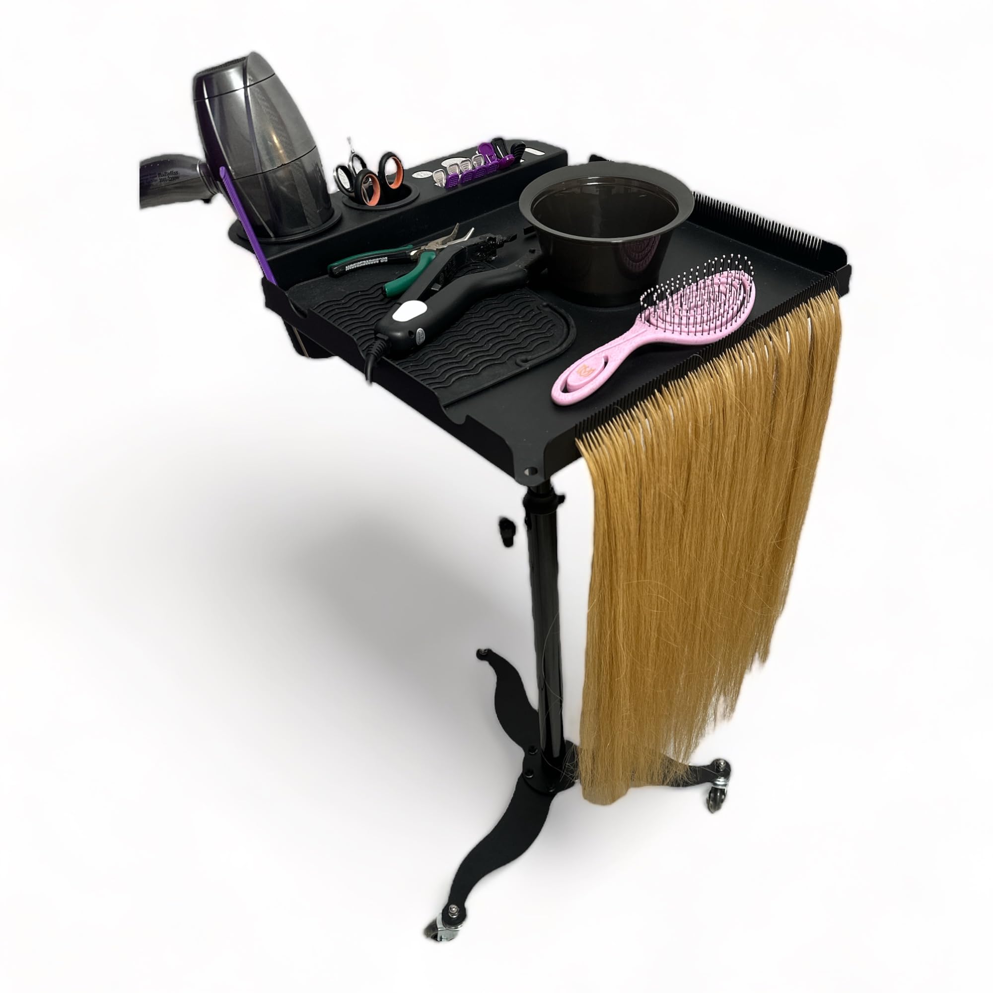 Extendio Black/White Professional Hairdressing Trolley - Adjustable Height With Magnetic Bowls, Heat Resistant Trays And Comb Ruler For Extensions - Ideal For Hairdressers And Beauty Salons