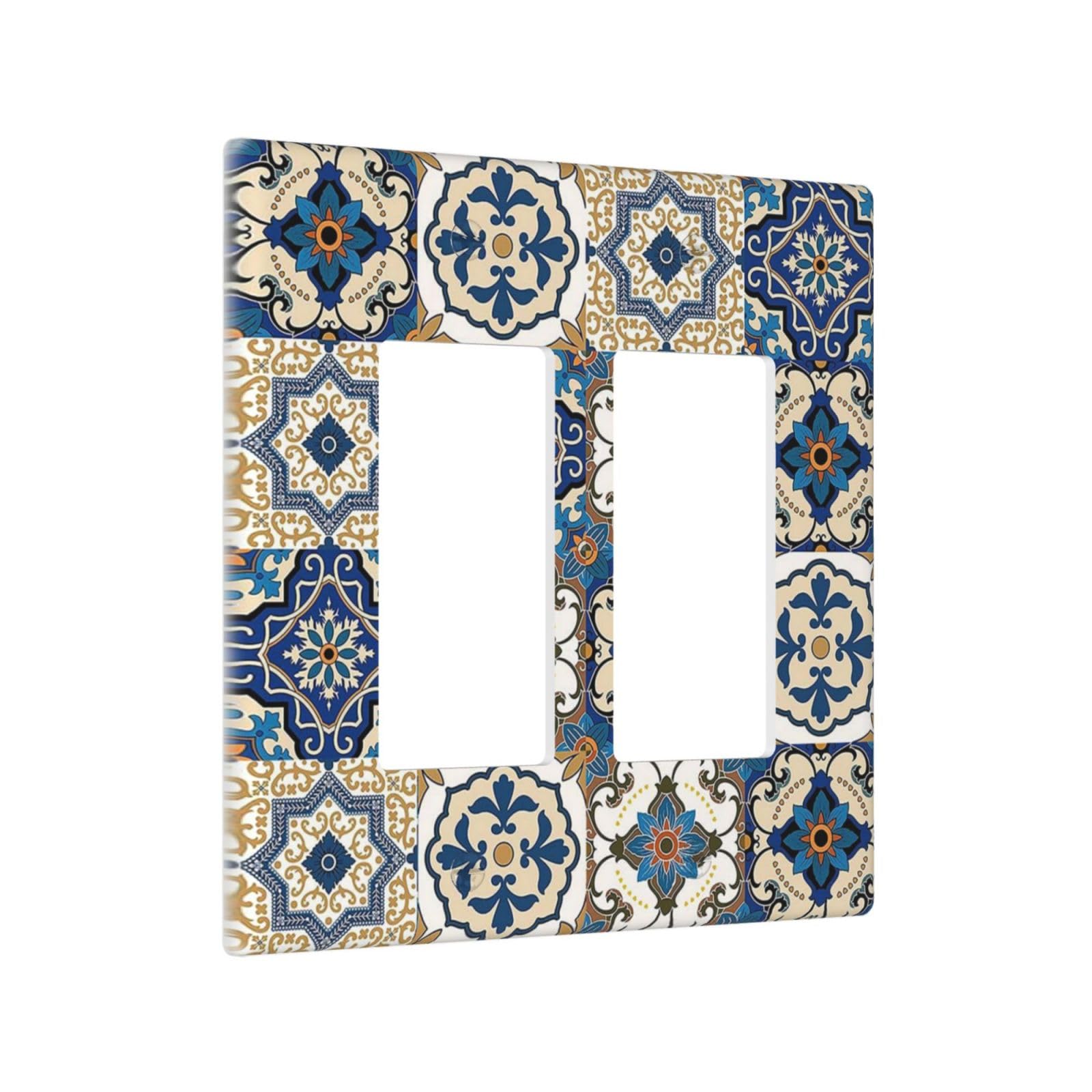 Retro Blue Mexican Talavera Tile Mandara 2 Gang Rocker Decora Light Switch Cover Decorative Outlet Covers Wall Plate Electrical Faceplate Switchcovers GFCI for Farmhouse Bathroom Kitchen Decor-image-12
