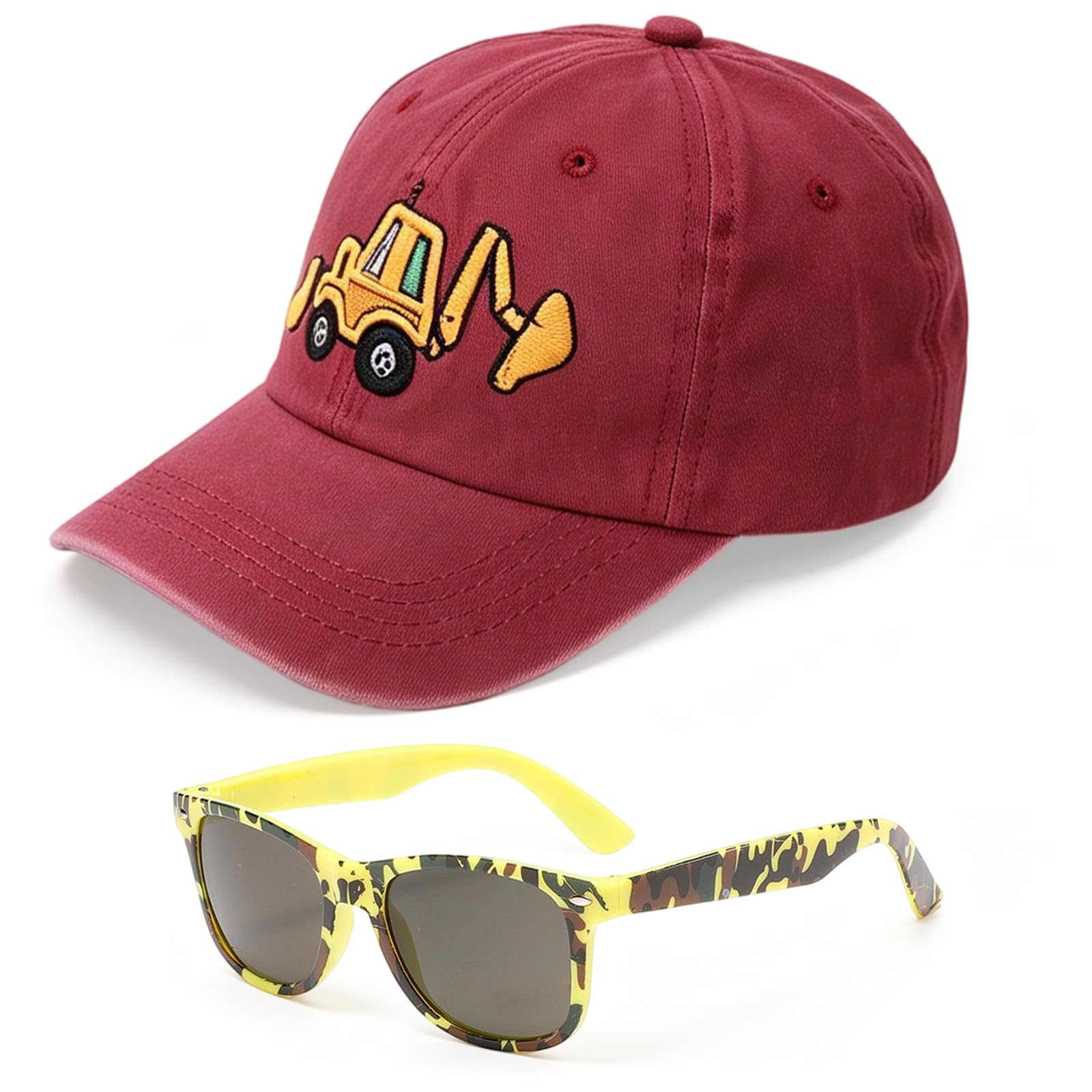 CYGMRFH Excavator Baseball Cap and Sunglasses Set, Adjustable Corduroy Kids Sun Hat with Unique Construction Digger Sunglasses, Summer Outdoor Sun Protection for Boys Girls Age 2-8 Years White (red)