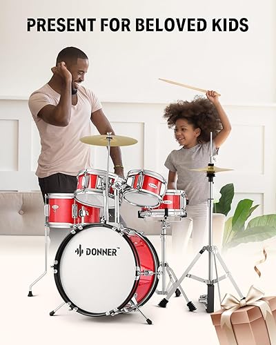 Miniatura 2 de Donner - Juego de batería infantil de 5 piezas para principiantes, kit de batería junior de 14 pulgadas, con trono ajustable, platillo, Hi-Hat, Rojo