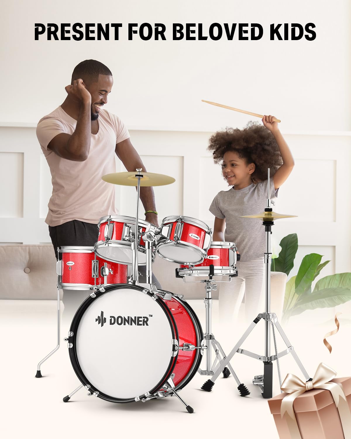 Juego de batería infantil de 5 piezas para principiantes, kit de batería junior de 14 pulgadas, con trono ajustable, platillo, Hi-Hat, pedal y baqueta, rojo 2