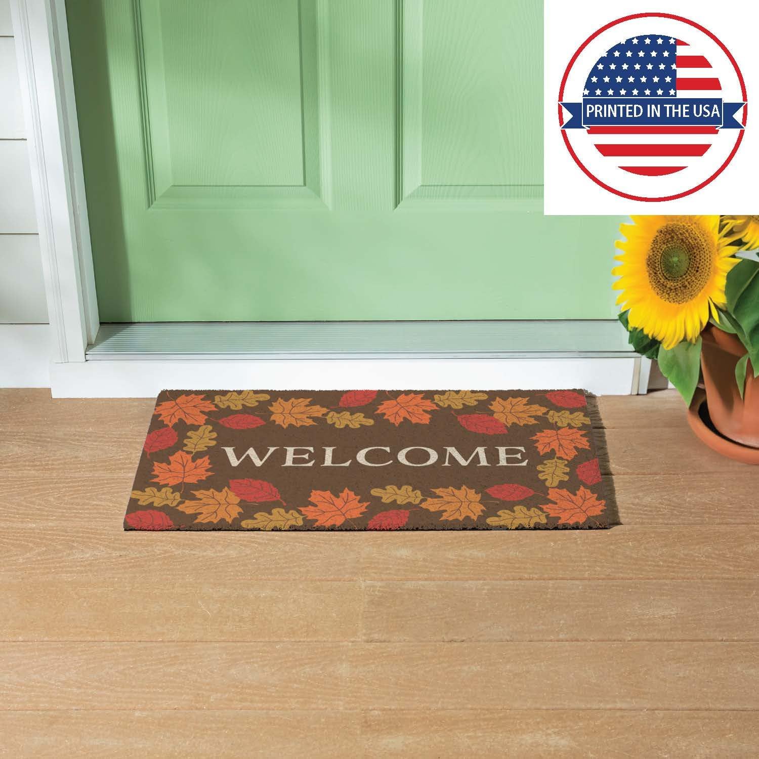 Evergreen Flag Fall Leaves Door Mat | Front Door Welcome Mat for Outdoor Indoor Entrance | 28x16 Inches | Non-Slip Doorway Autumn Doormat | Fall Foliage Thanksgiving Decor for Porch Patio Floor