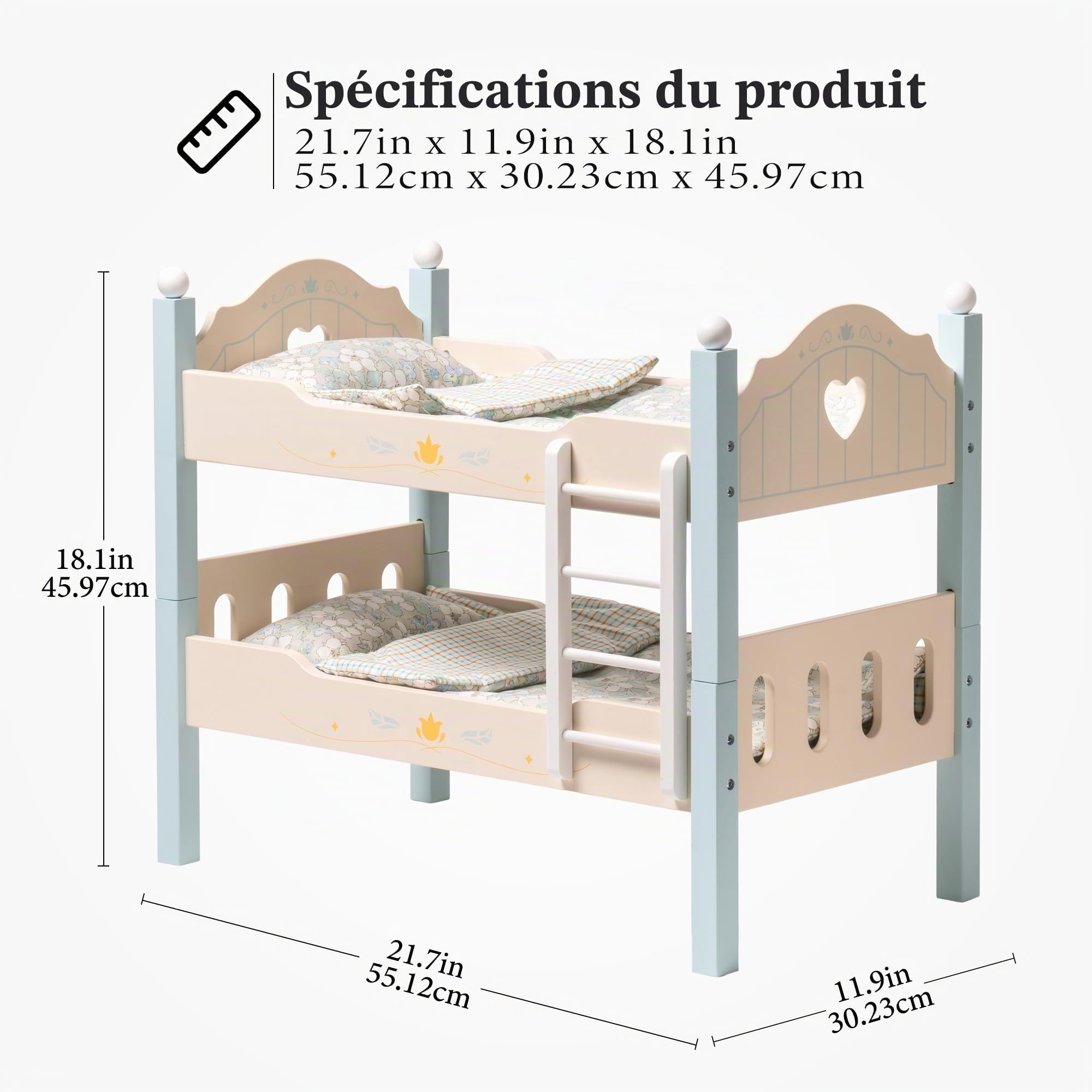 ROBOTIME Lit superposé en bois pour poupée avec échelle et literie, berceau empilable de 45,7 cm, accessoire de poupée parfait, cadeau pour enfants, bleu