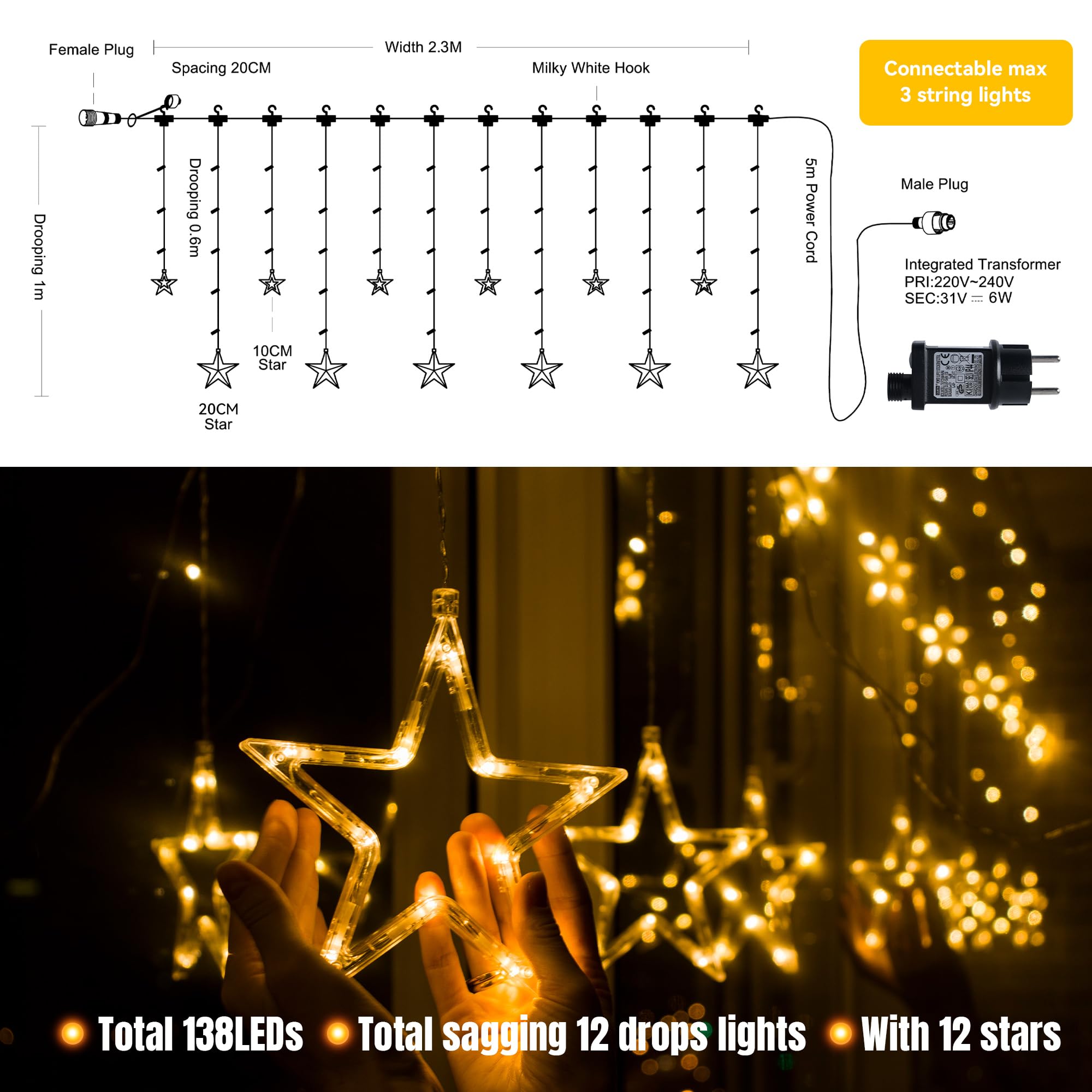 Tenda Luminosa Natalizia 108 LED con Stelle 3 metri Esterno Prolungabile vari colori - ROYAL