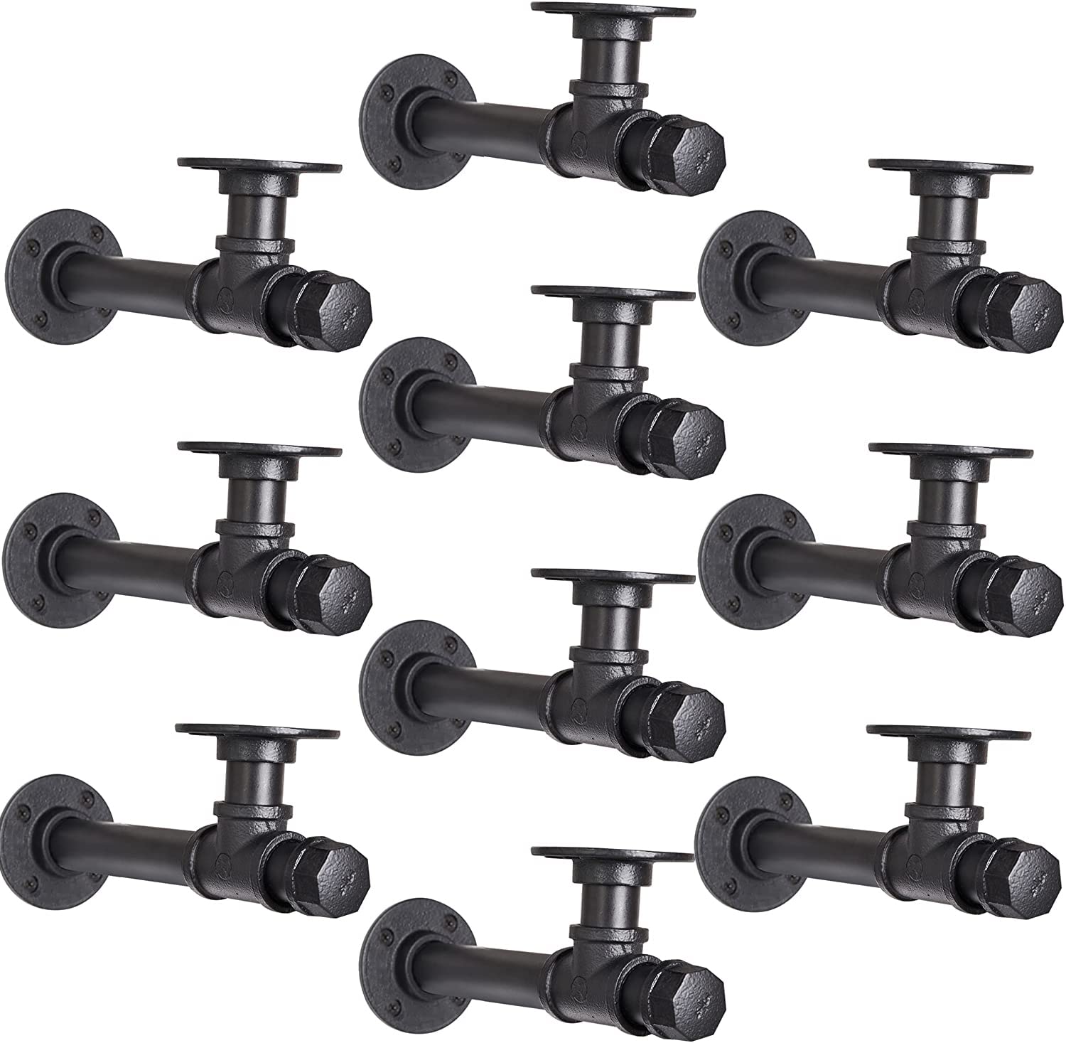 YCCO Iron Pipe Shelf Brackets 8.6 inch 10 PCS Industrial DIY L Pipe Shelf Bracket for 8”-16” Wood Floating Shelf Vintage Look Home Pipe Decor