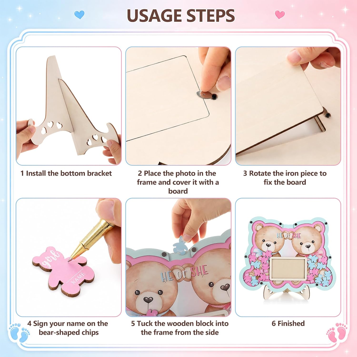 65 Pcs Bear Gender Reveal Guest Book with Sonogram Frame