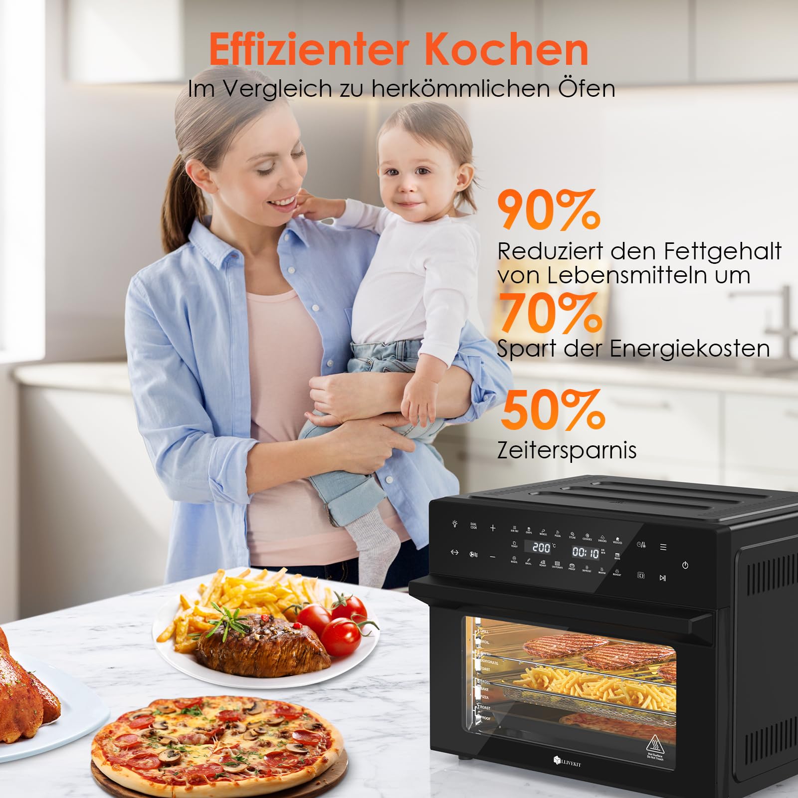 LLIVEKIT 30L Heißluftfritteuse XXL, Minibackofen Umluft mit 20 Programme und 9 Zubehör, Mini Backofen mit LED-Touchscreen, Airfryer Oven ohne Öl mit Sichtfenster, Zwei Kochmodi, Rezeptbuch, 80°C-230°C