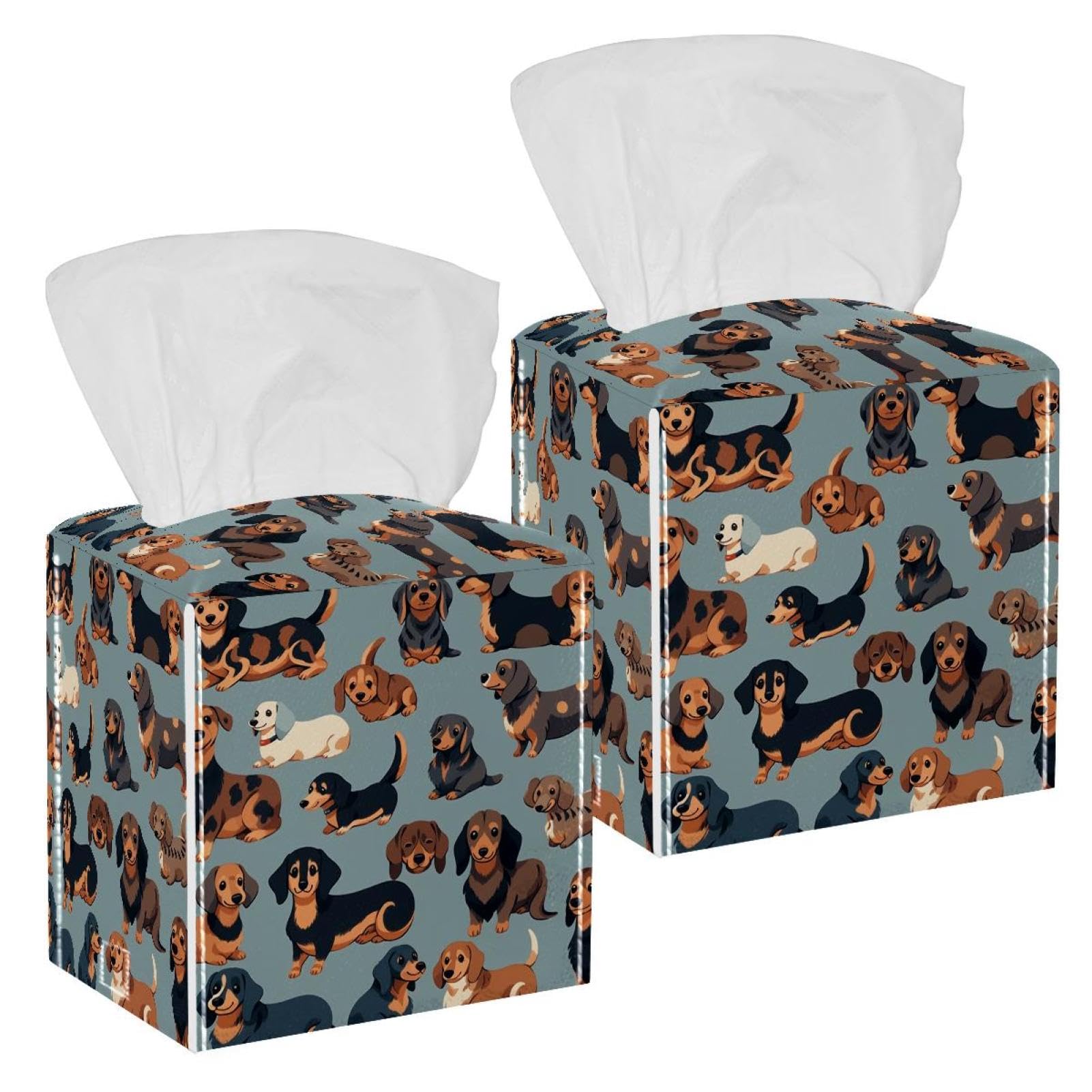 Cartoon Dog Tissue Box Cover, 2 Pack PU Leather Square Facial Tissue Dispenser Box holder for Home Office Car
