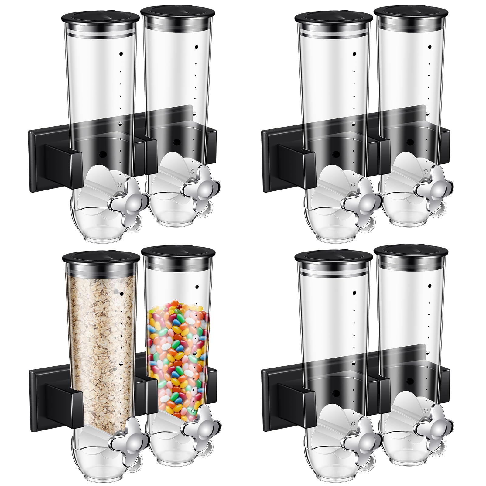 Huwena Set di 4 contenitori per cereali, 3 l ciascuno, dispenser da parete per cereali, per alimenti secchi, caramelle, farina d'avena, caffè, noci, colore nero