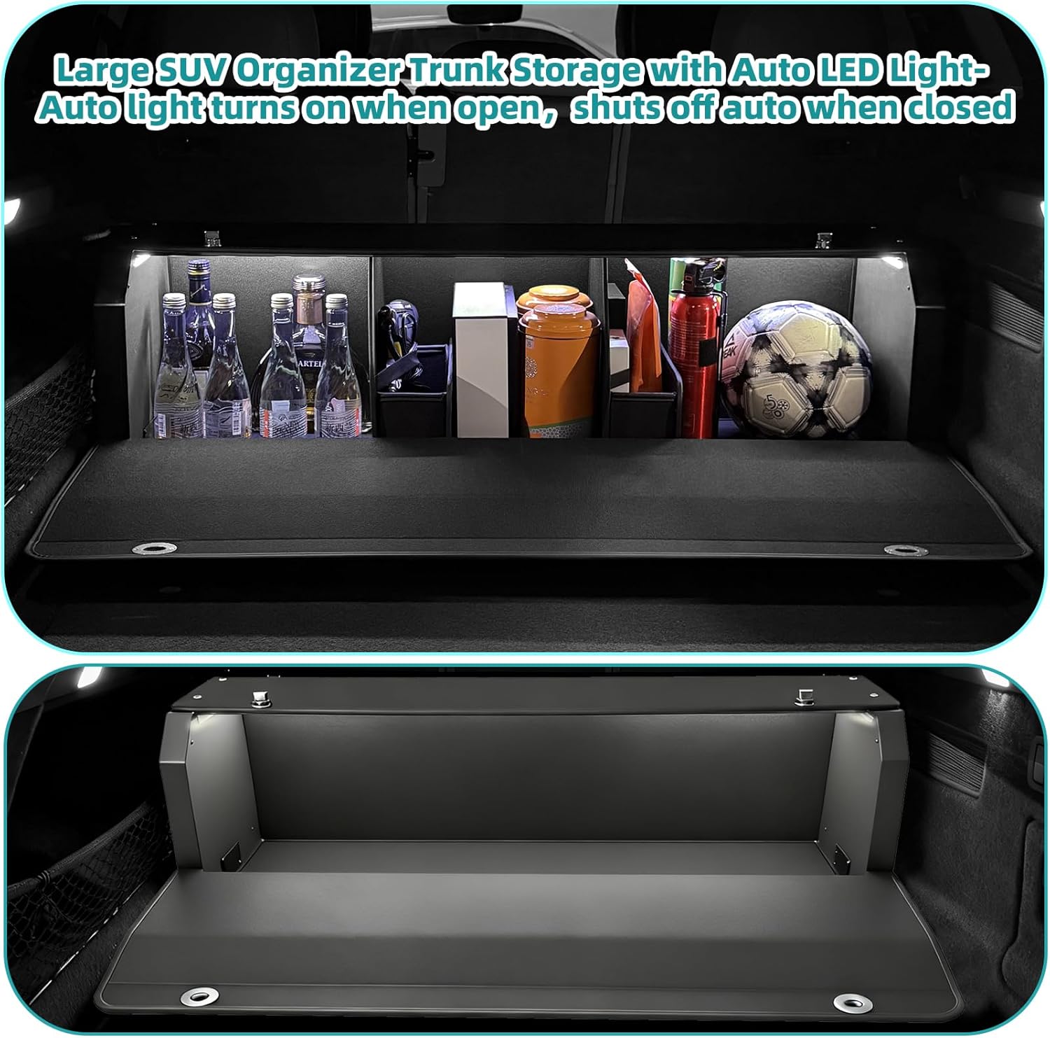Car Trunk Organizer with LED Light, SUV Organizer Trunk Storage, Leather Callapsible Storage Box, Waterproof Car Organizers and Storage Powered by 4 AA Batteries(Batteries Not Included)