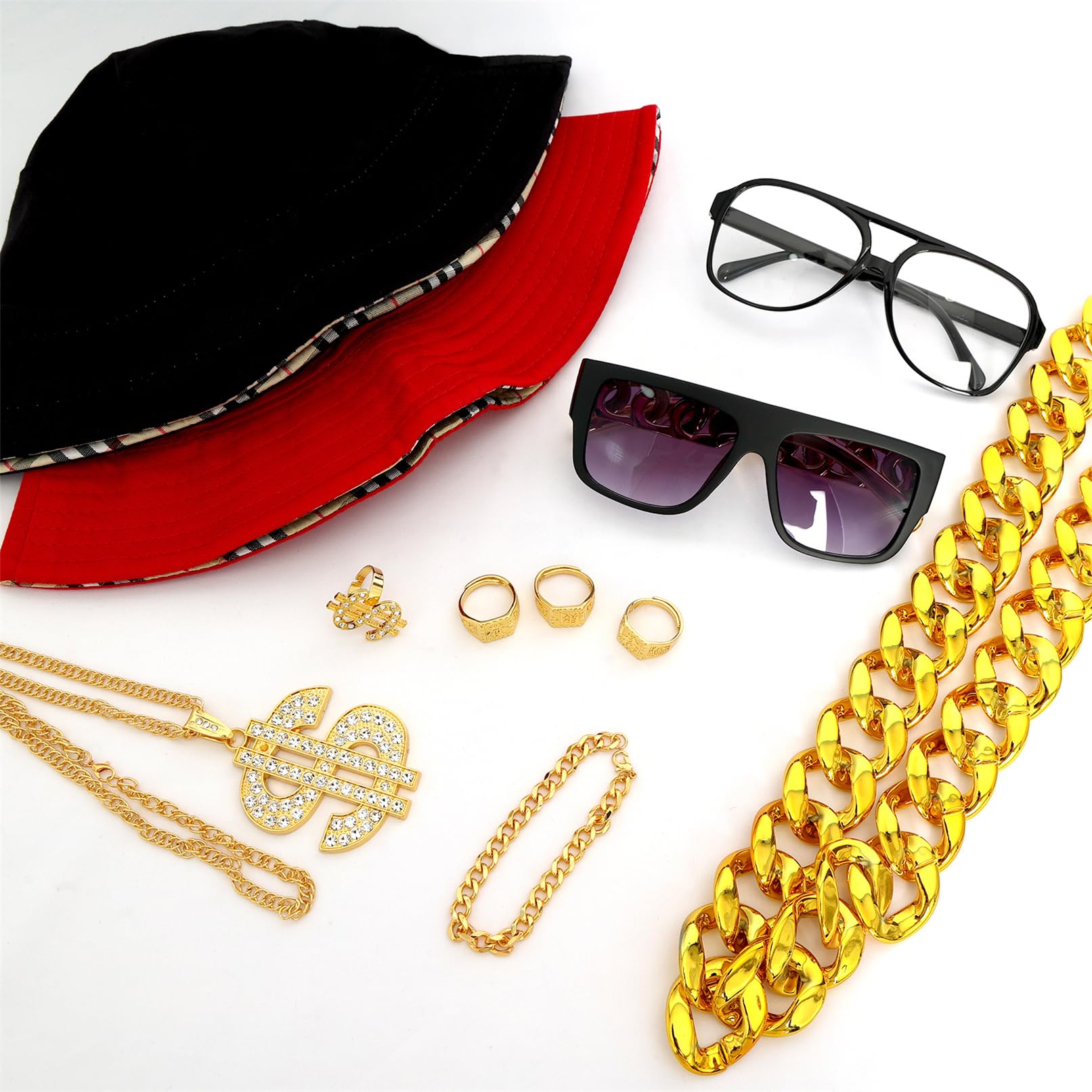 baotongle 11 Piece Hip Hop Costume Accessory Set 80s 90s Outfit Men's Hip Hop Costume 2 Bucket Hat, Gold Chain, Sunglasses - Image 4