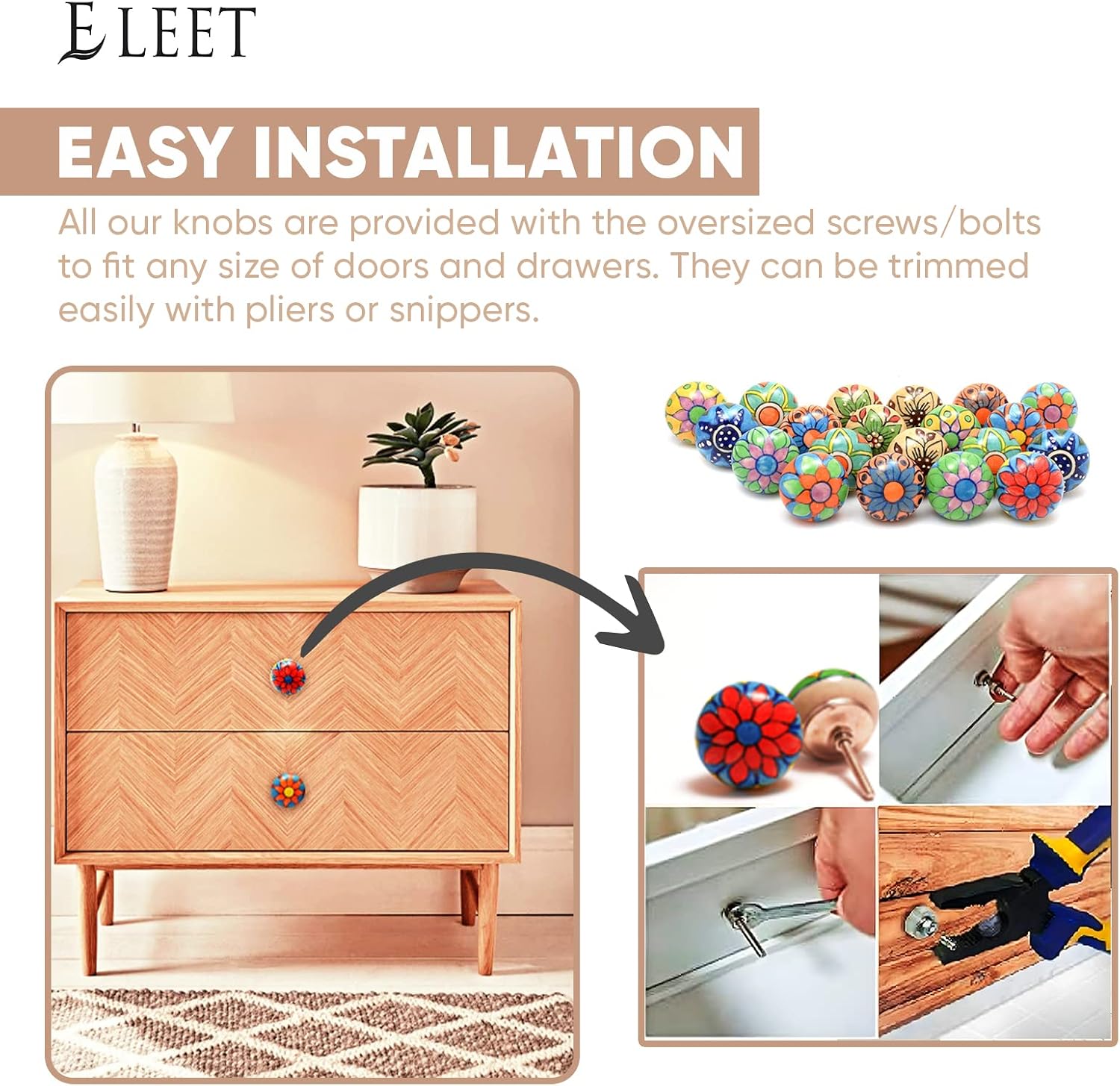 Eleet Assorted Ceramic Cabinet Knobs - Vintage Cabinet Cupboard Door & Drawer Pulls Chrome Hardware (Ceramic Knobs Set of 20, Multicolor)