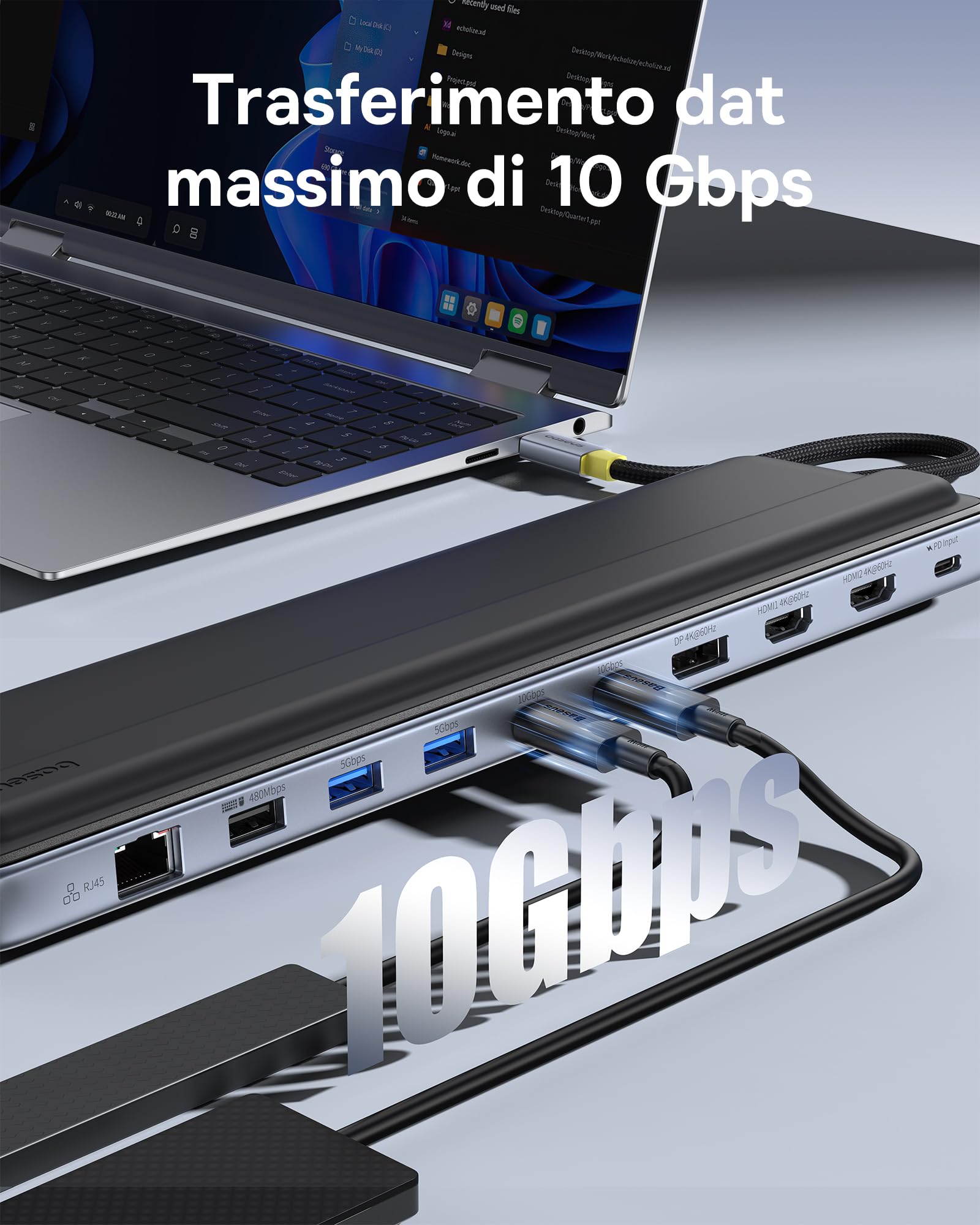 Baseus Docking Station Supporto per Laptop, 12 in 1 HUB Triplo Display 4K HDMI/DP, Dati Veloci USB A/C 10 Gbps, PD 100W, Ethernet, TF/SD, Docking Station USB C con Supporto per Windows