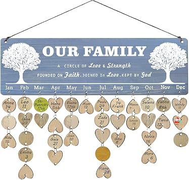 Gifts Present for Grandma Mom - Wooden Our Family Birthday Calendar Plaque Board, Help Grandparent to Remember Birthday, Unique Mom Grandma Birthday Christmas New Year Mothers Day Gifts Present