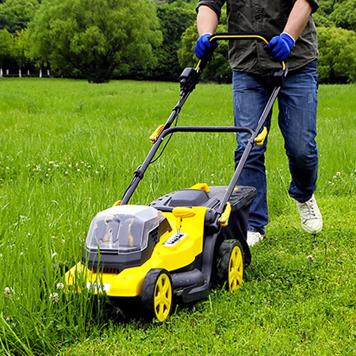 Tosaerba a Batteria a Spinta Manuale 40V Sacco di Raccolta Tosaerba Pieghevole con Altezza Regolabile comprensivo di 2 batterie e Caricabatterie,Giallo
