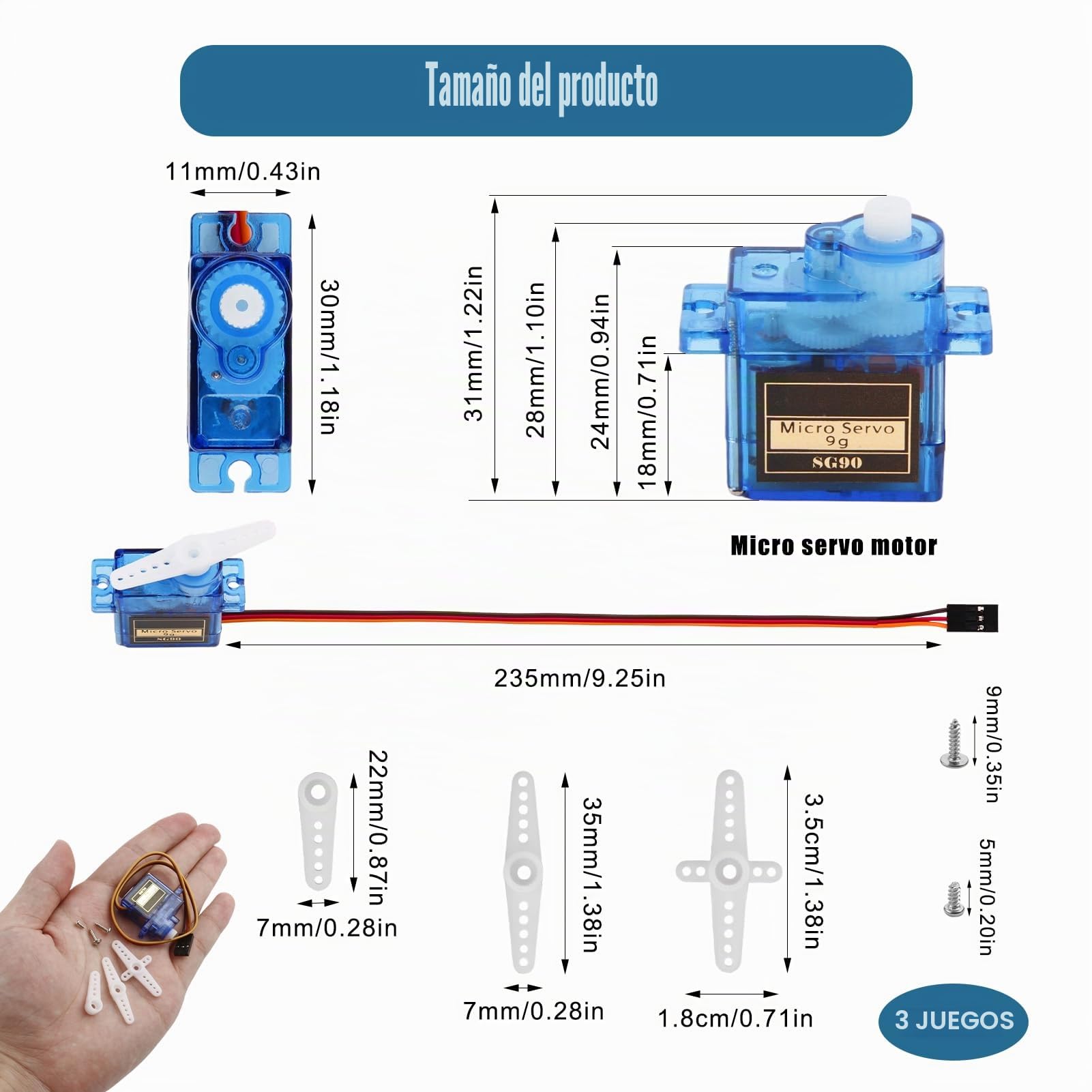 Paquete de 3 microservomotores de 9G, servo SG90 para Arduino, miniservos para proyectos RC, Brazos robóticos, helicópteros, Barcos y vehículos, Control por Cable, ángulo de Control de 180°, Azul