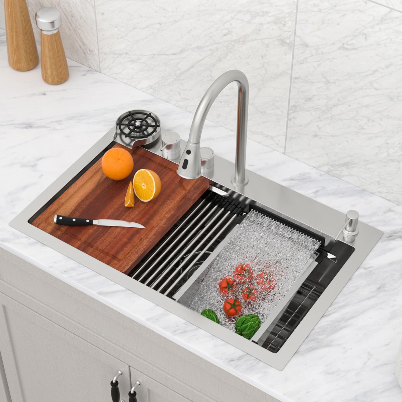 Évier de cuisine cascade Logmey en inox 16 gauge 76cm avec son robinet complet multifonction