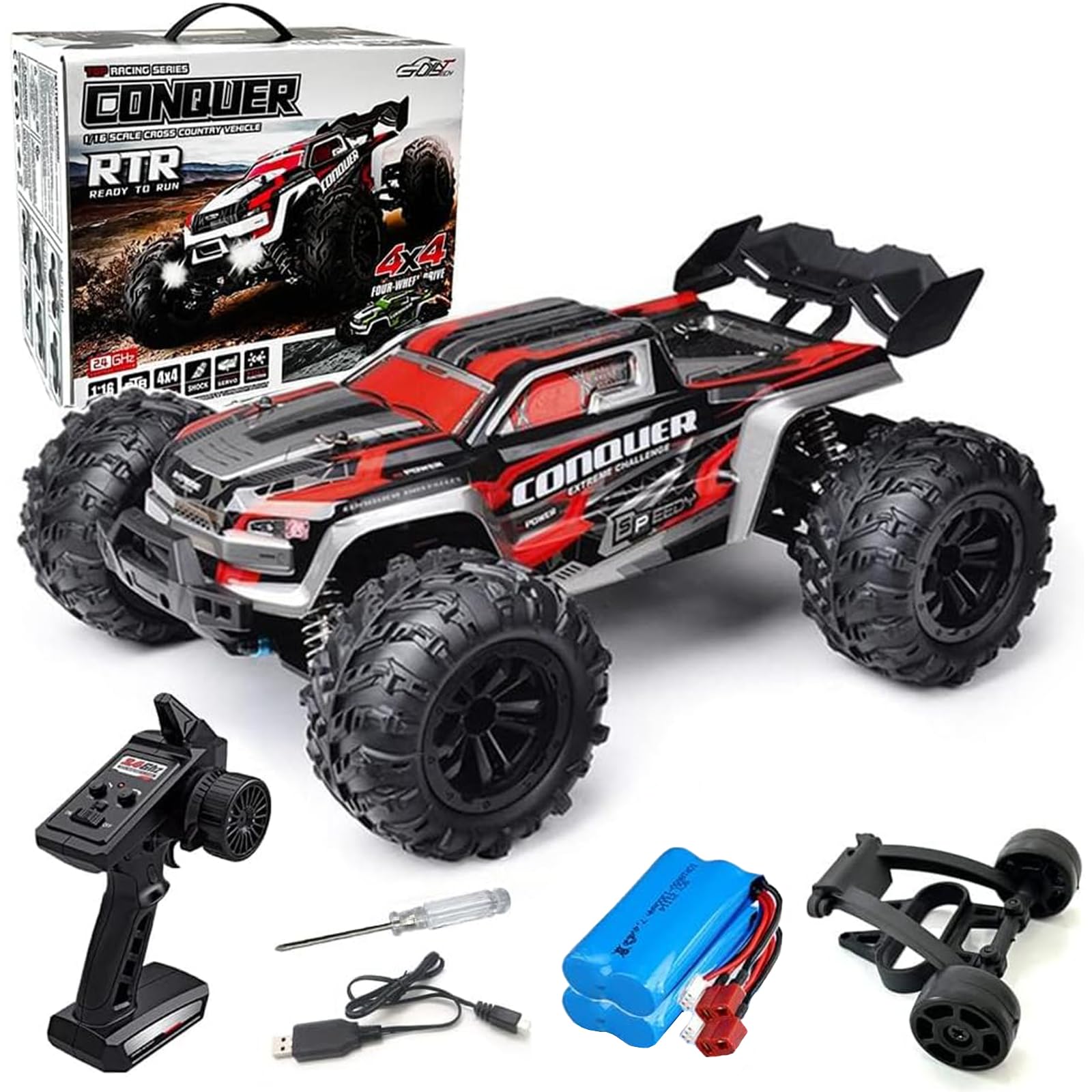 RC Cars 1:16 Scale Remote Control Car 50 KMH High Speed Fast 4WD RC Truck for Kids Adults Boys 2.4 GHz All Terrains RC Buggy Off-Road Drift RC Monster Trucks with 3 Batteries (Red)
