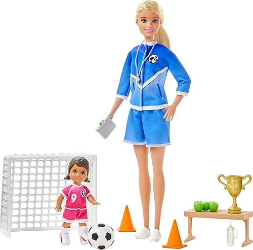 Barbie Juego de entrenador de fútbol con muñeca de entrenador de fútbol rubia, muñeca estudiantil y accesorios