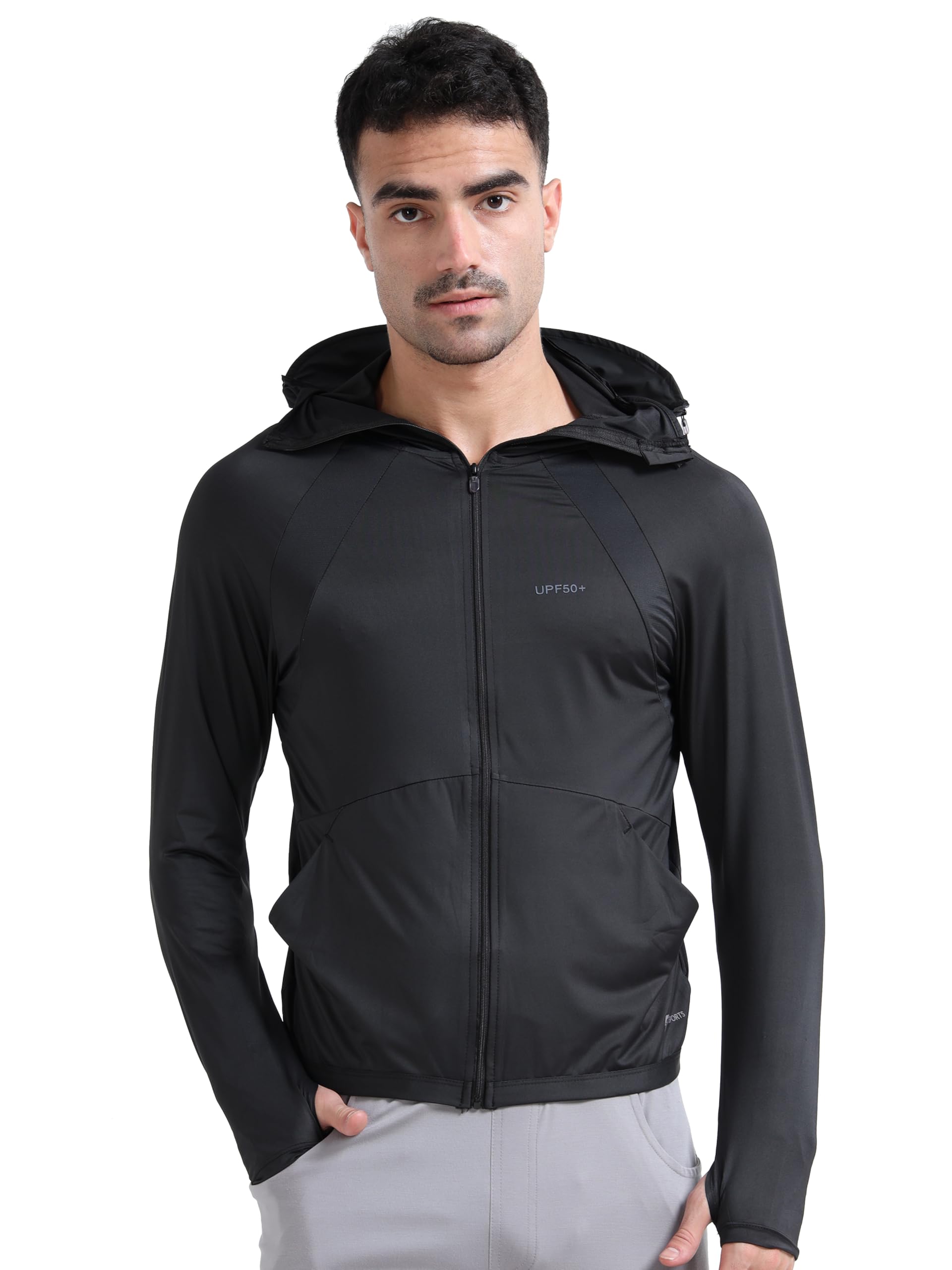 FABSPORTS Men's UPF 50+ Sun Protection Jacket – Lightweight, Full Zip Summer Hoodie with Detachable Hood, Quick-Dry Fabric & Pockets, Ideal for Outdoor Use