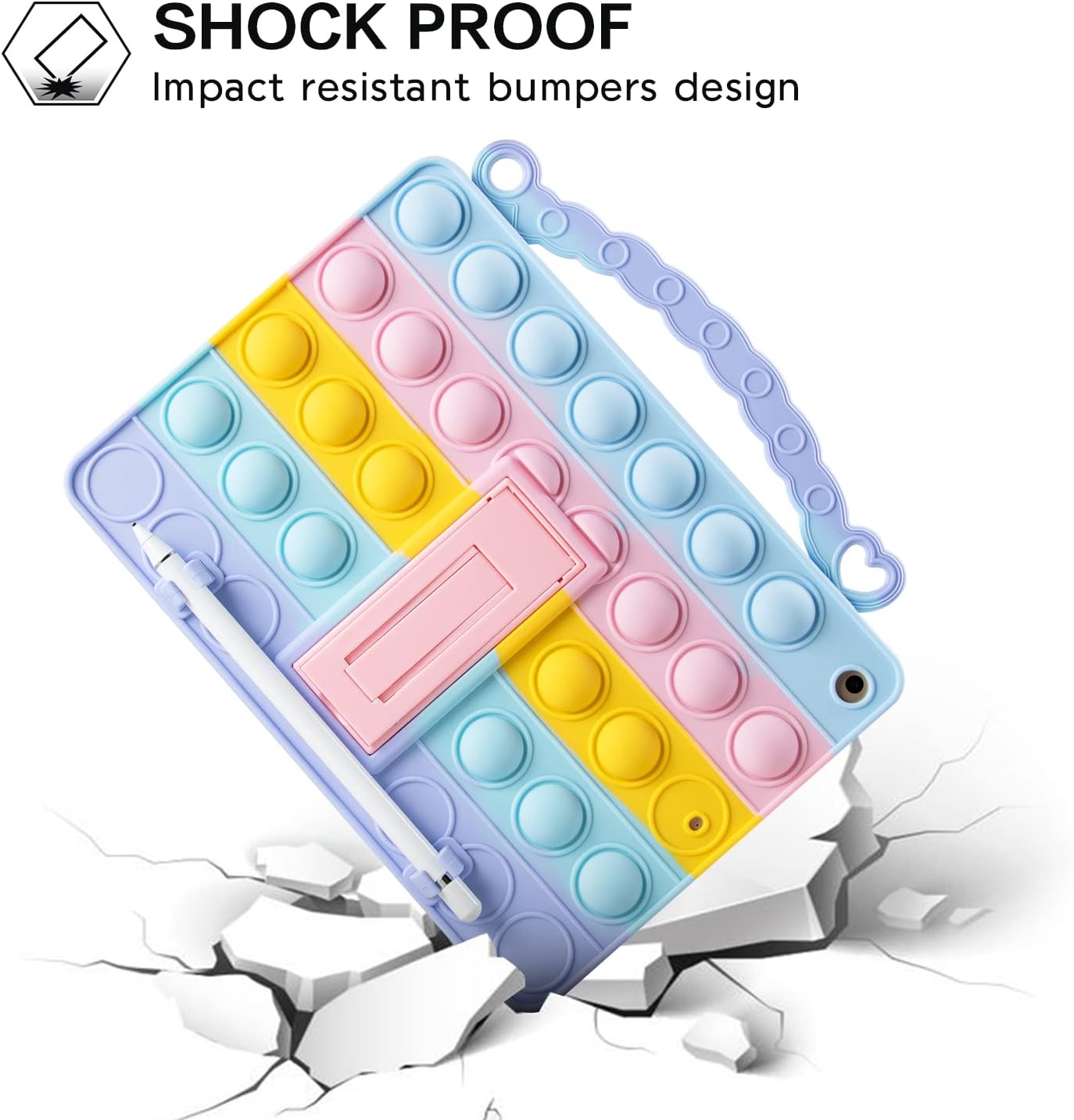 [Lovely Rainbow Handle] Pop Silicone Cute Case for iPad 2/3/4, Anti-Slip Shockproof Case with Stand,Strap and Pendent