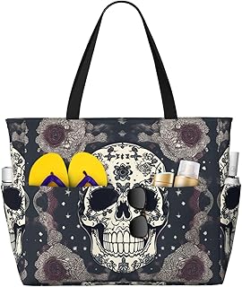 Skull Yoga And Flower Print Spacious Hand-Held Tote,Sand-Resistant Beach Carry Bag For Fashionable Ladies - ZISHAK